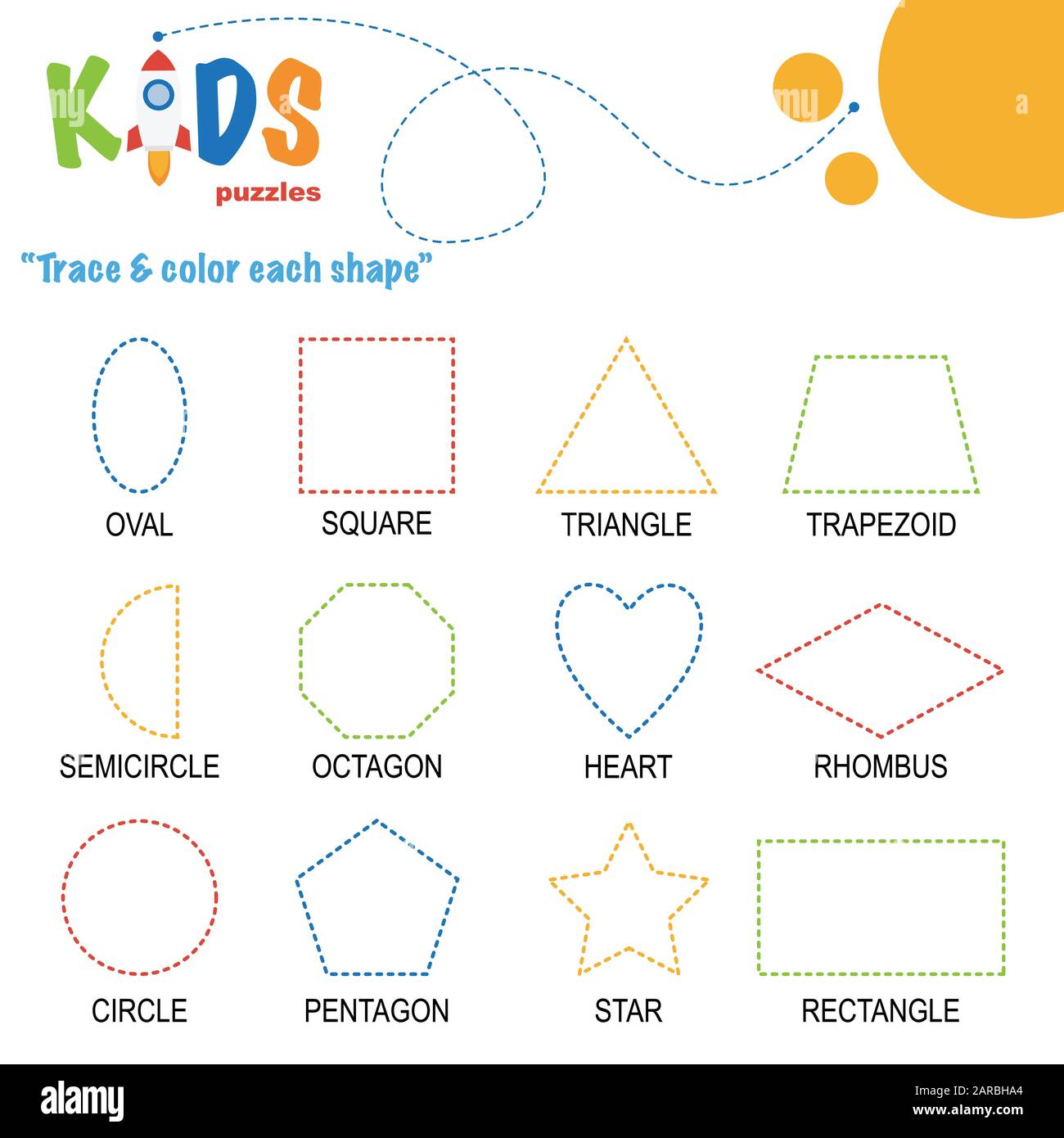 trace color the shape preschool worksheet practice printable easy and colorful worksheet for kids stock vector image art alamy
