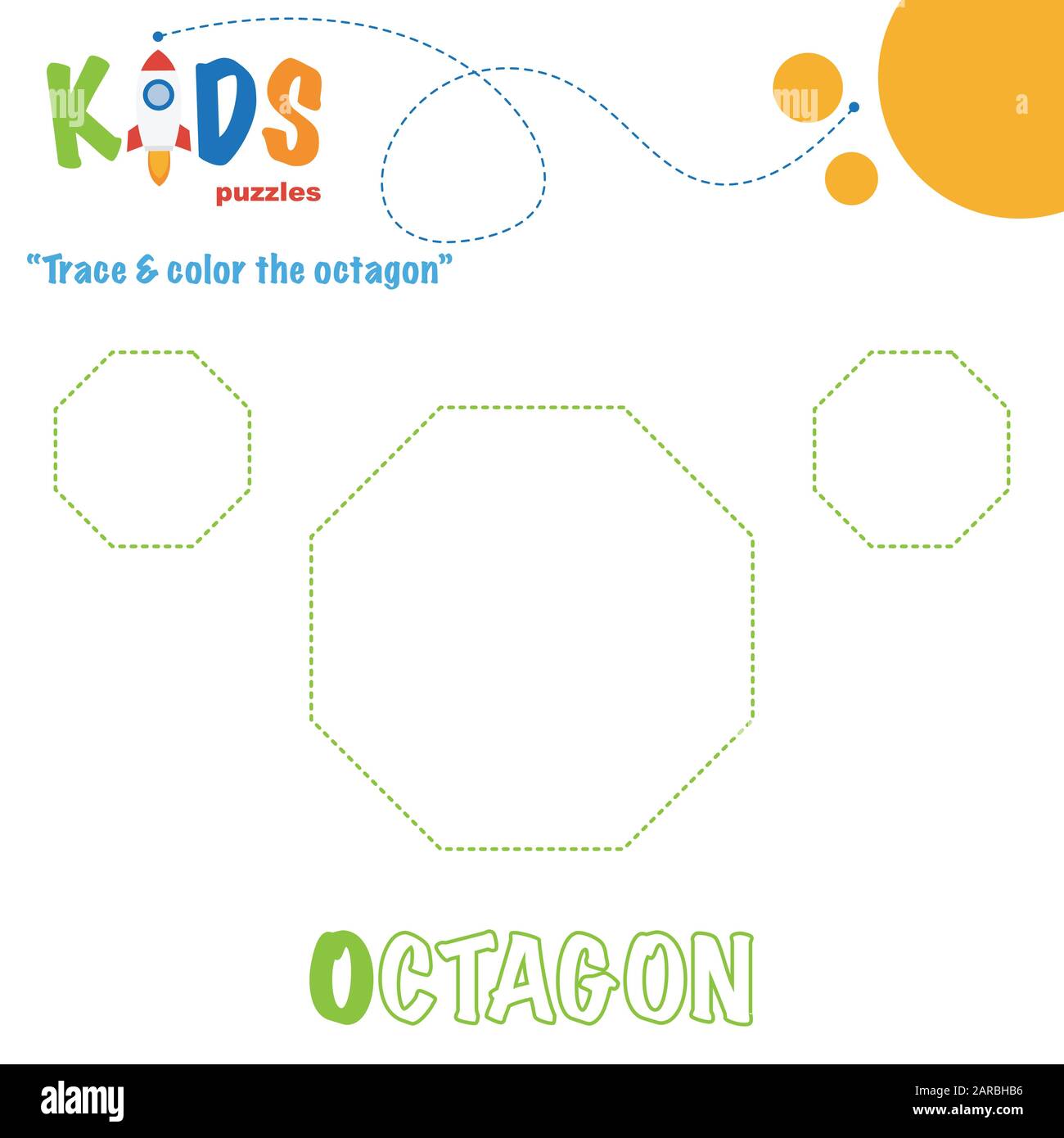 Trace & color the shape. Preschool worksheet practice. Printable easy and colorful worksheet for kids. Stock Vector
