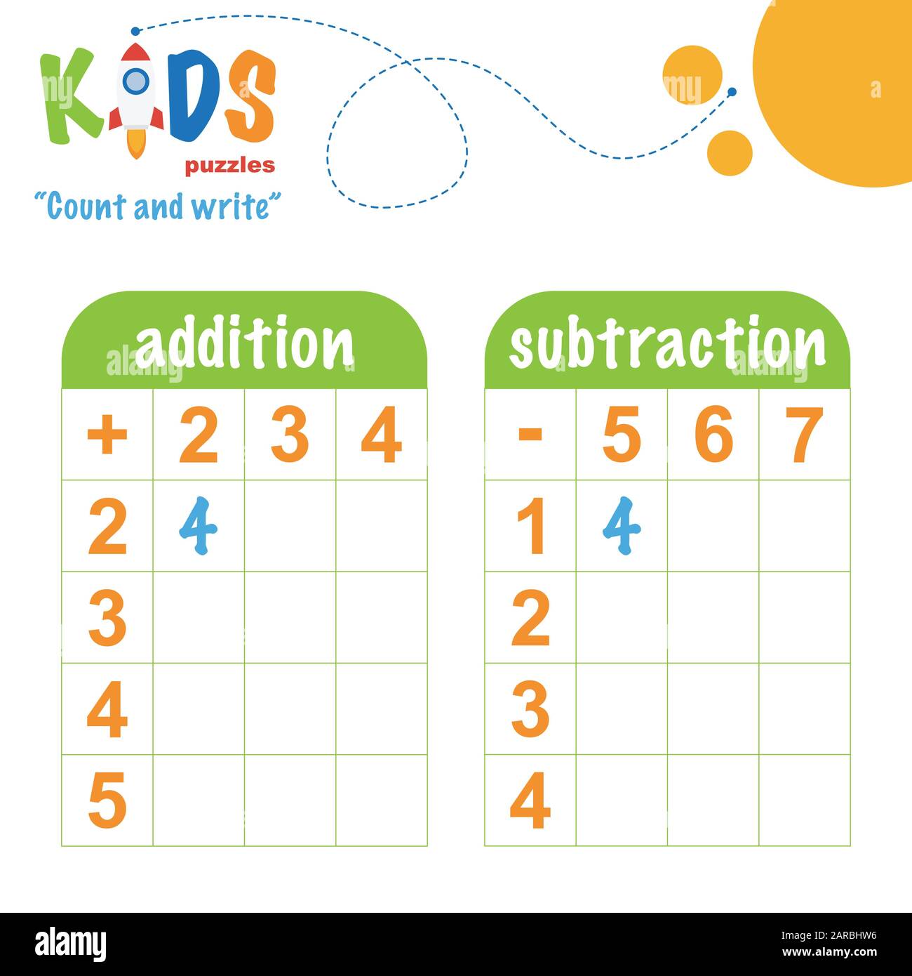 Easy colorful math count and write worksheet practice for preschool and elementary school kids. Stock Vector