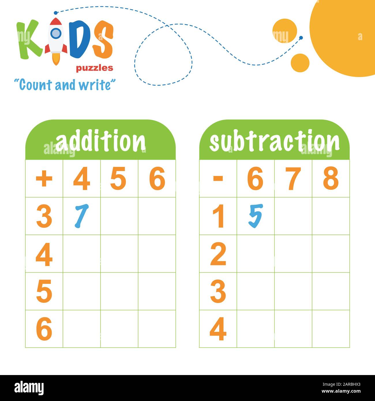 Easy colorful math count and write worksheet practice for preschool and elementary school kids. Stock Vector