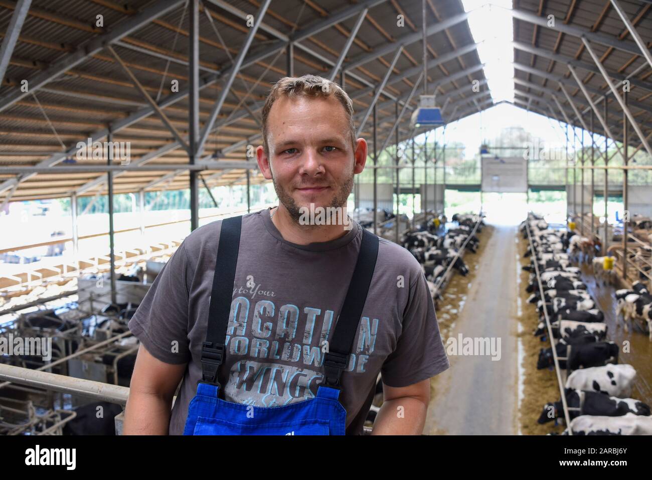 Hamersleben, Germany. 26th Aug, 2019. Sascha Blaik (32), managing director of the agricultural cooperative eG Hamersleben, is standing in a barn with dairy cows. Blaik focuses on 'digitisation in agriculture'. His dairy cows are guided alternately to their feeding areas, a rest area and the milking robots by means of transponders and automatic sluice gates. All fully automatic. Credit: Stephan Schulz/dpa-Zentralbild/ZB/dpa/Alamy Live News Stock Photo