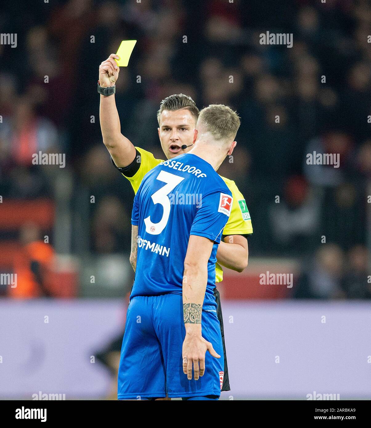Referee Daniel Schlager L Andre Hoffmann D Shows The Yellow Card Soccer 1 Bundesliga 19th Matchday Bayer 04 Leverkusen Lev Fortuna Dusseldorf D On 26 01 2020 In Leverkusen Germany Usage Worldwide Stock Photo Alamy