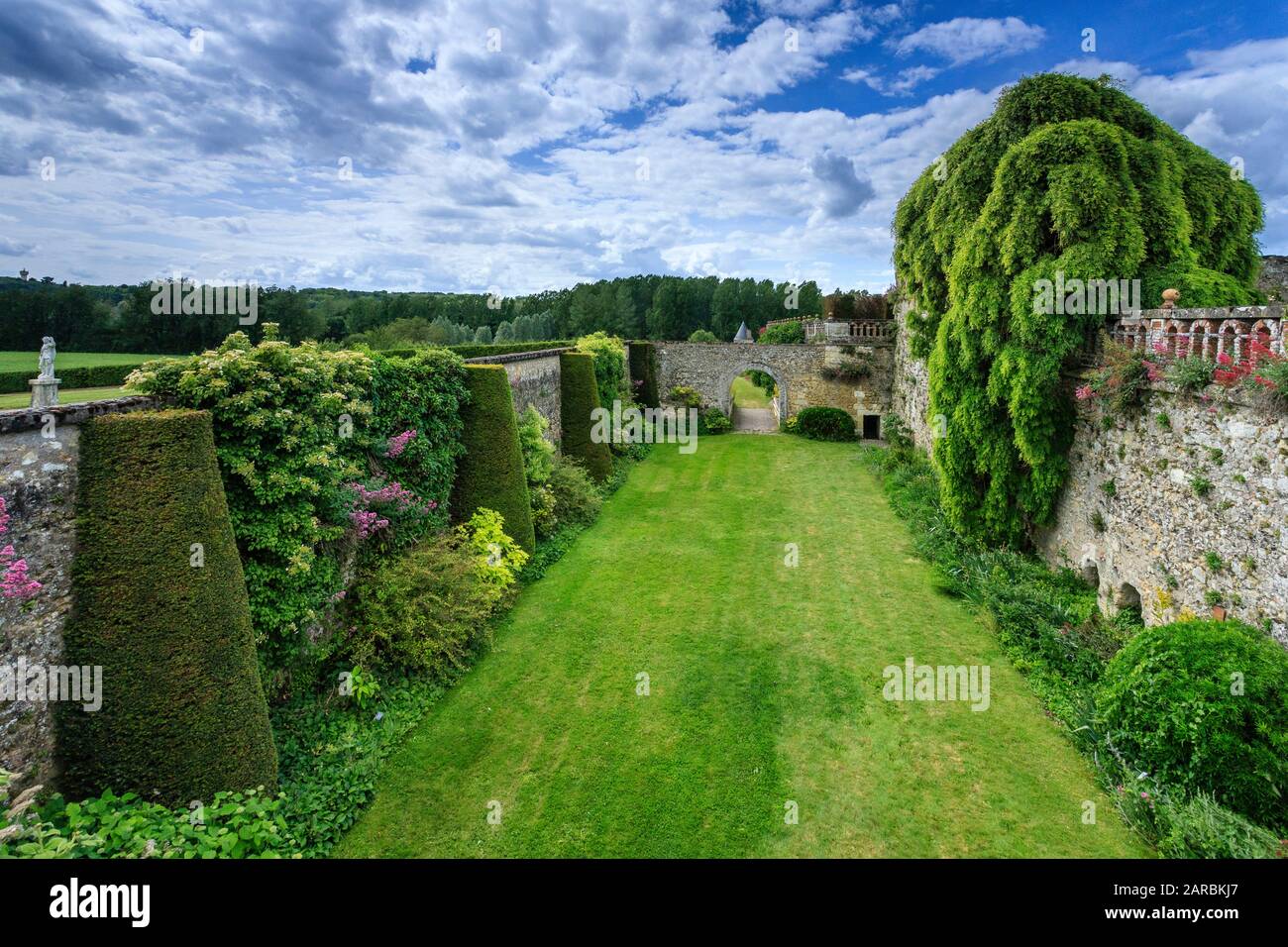 France, Indre et Loire, Chancay, Chateau de Valmer gardens, castle moats and yews cut into columns (édition beaux livres indisponible // France, Indre Stock Photo