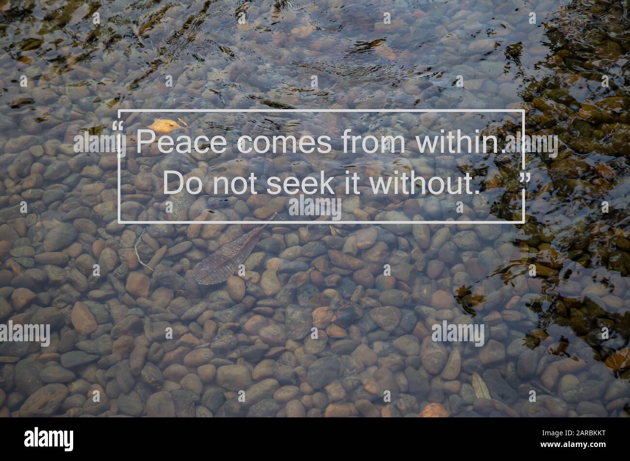 Meditation brings wisdom. Peace come from within buddhist quote on clear water flow over stones
