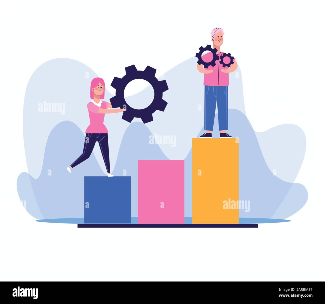 man and woman with gear wheels standing on chart bar graph Stock Vector