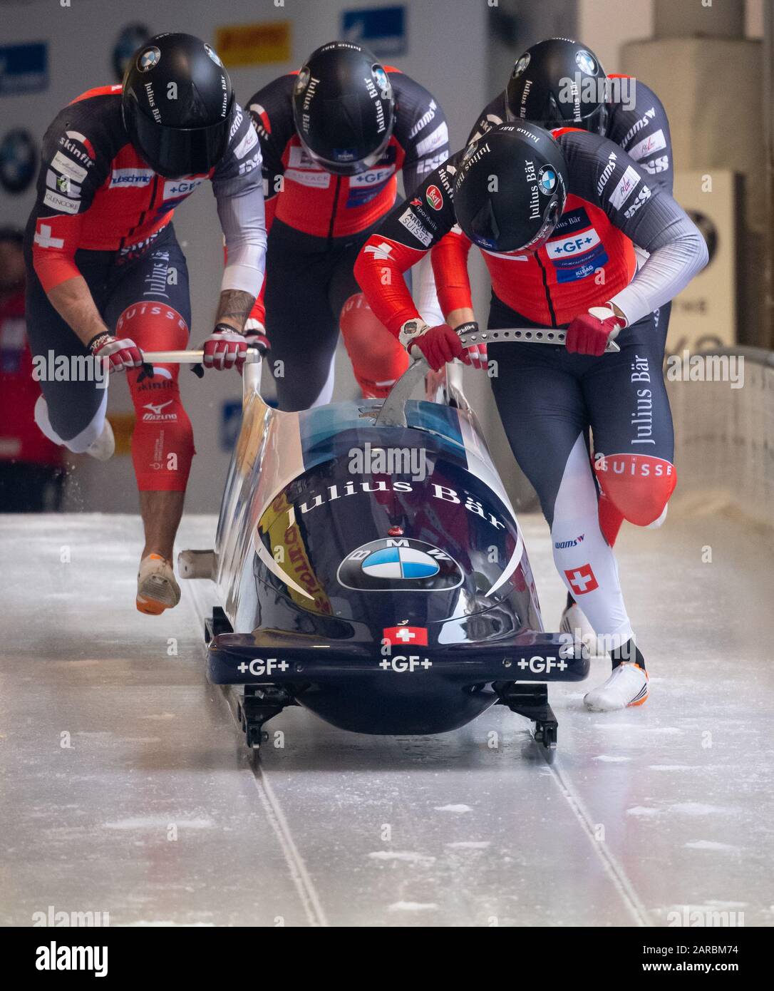 Schonau am Konigssee, Bavaria, Germany. 26th Jan, 2020. Four-man bobsleigh, men, artificially-iced track at Königssee, Simon Friedli, Adrian Fässler, Roger Leimgruber and Gregory Jones from Switzerland in action. Photo: Sven Hoppe/dpa Credit: dpa picture alliance/Alamy Live News Stock Photo