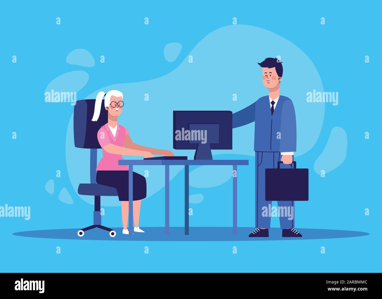 Cartoon Businessman And Woman Sitting On Office Desk With Computer