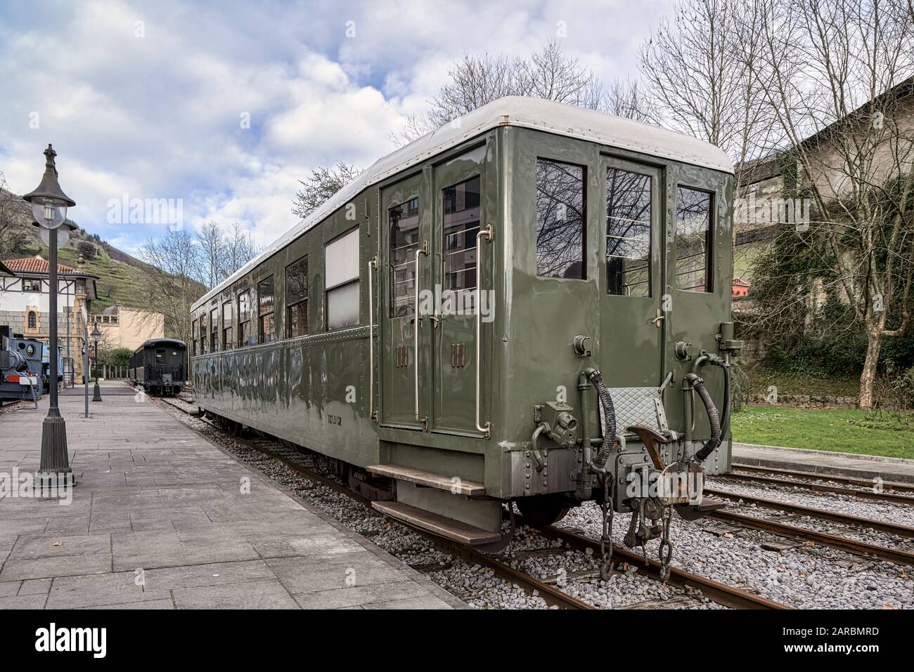Old train car in the Basque Railway Museum one of the most important of its kind in Europe. Railway history of Euskadi in Azpeitia, Gipuzkoa, Spain Stock Photo