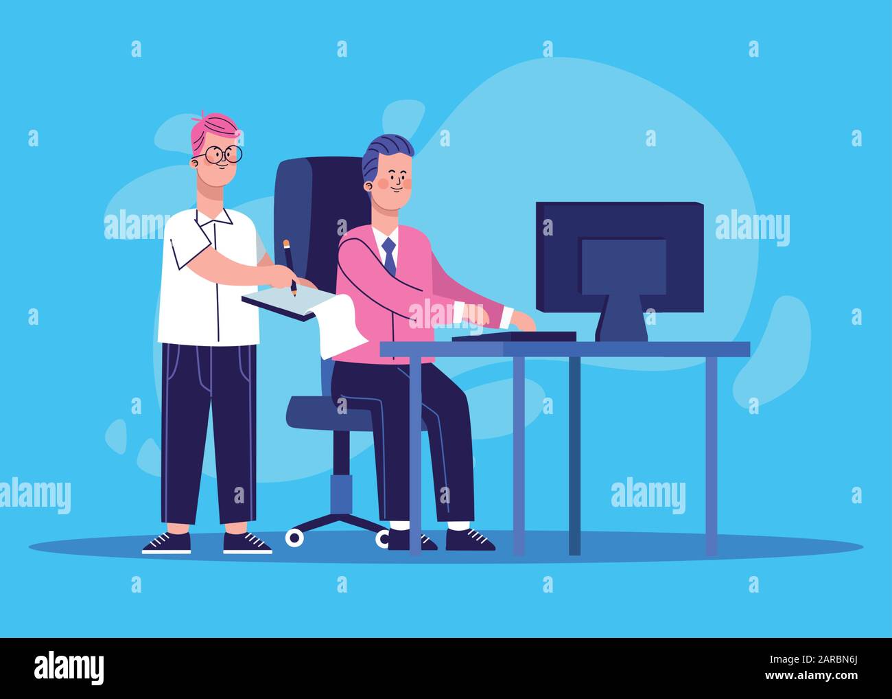 cartoon man and businessman working at office desk with computer Stock ...