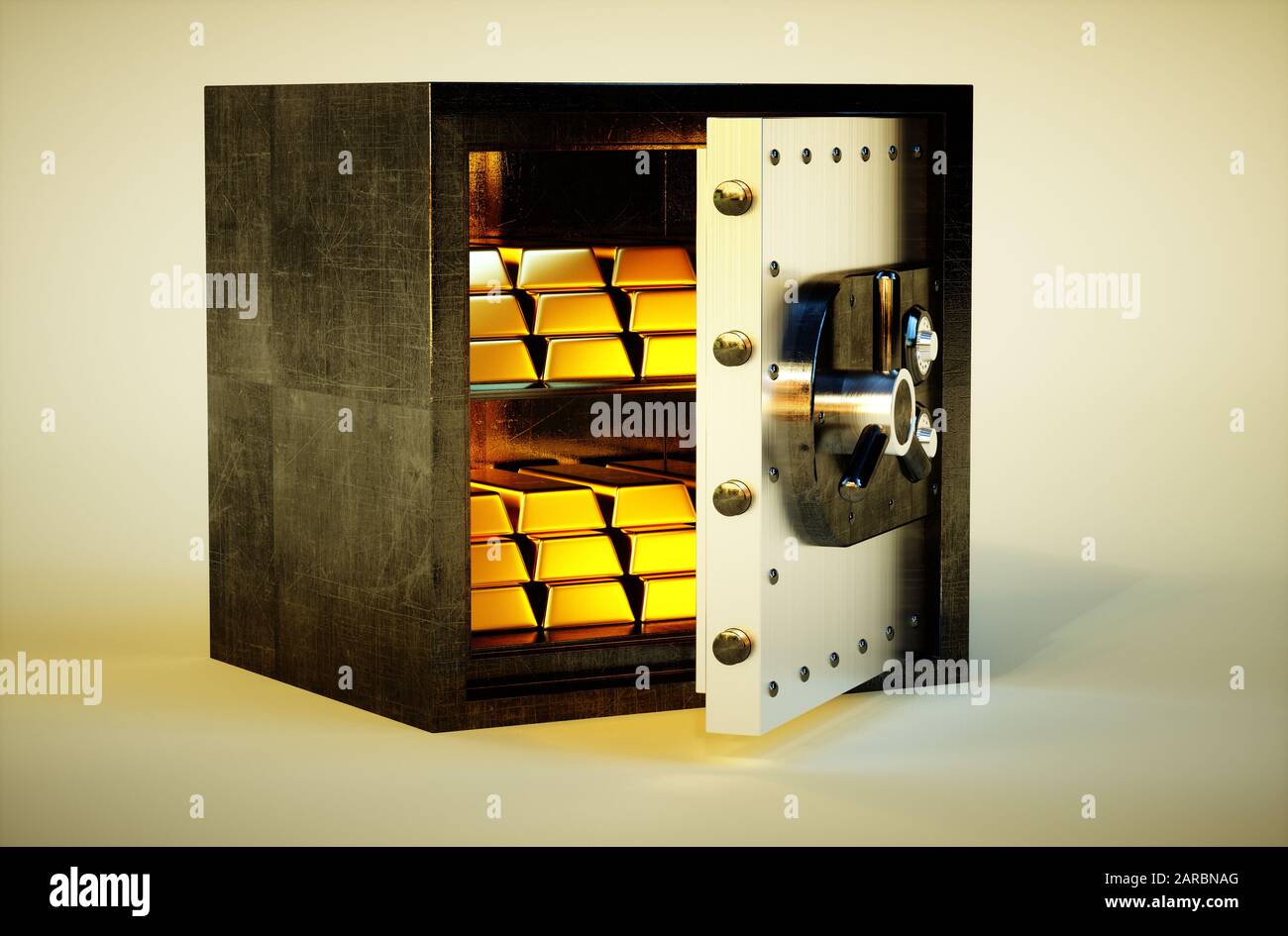 3d photo realistic vivid image of safe with golden bars Stock Photo