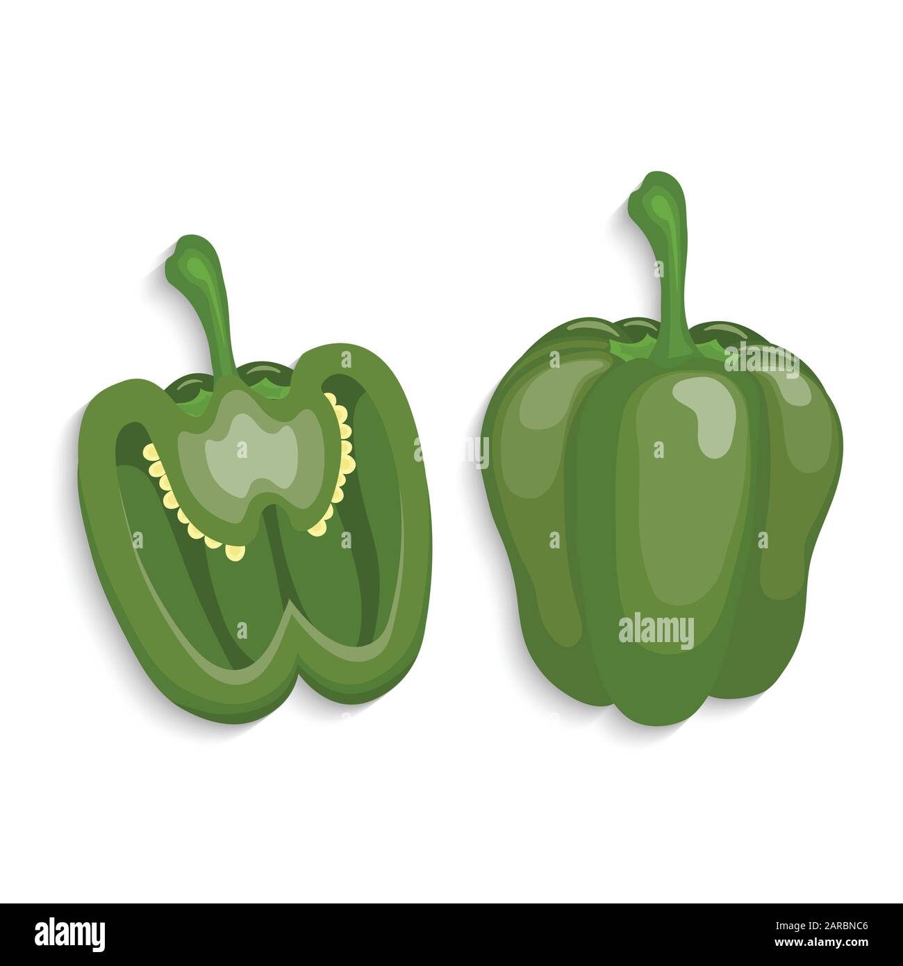 Realistic green bell peppers whole and cut, vector illustration Stock Vector