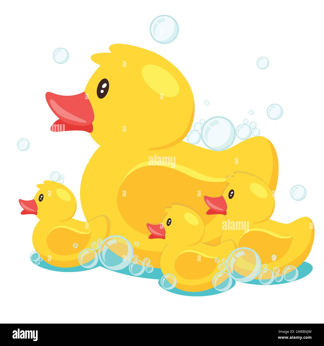 Yellow cute cartoon rubber bath ducks family in blue water. vector illustration Stock Vector ...