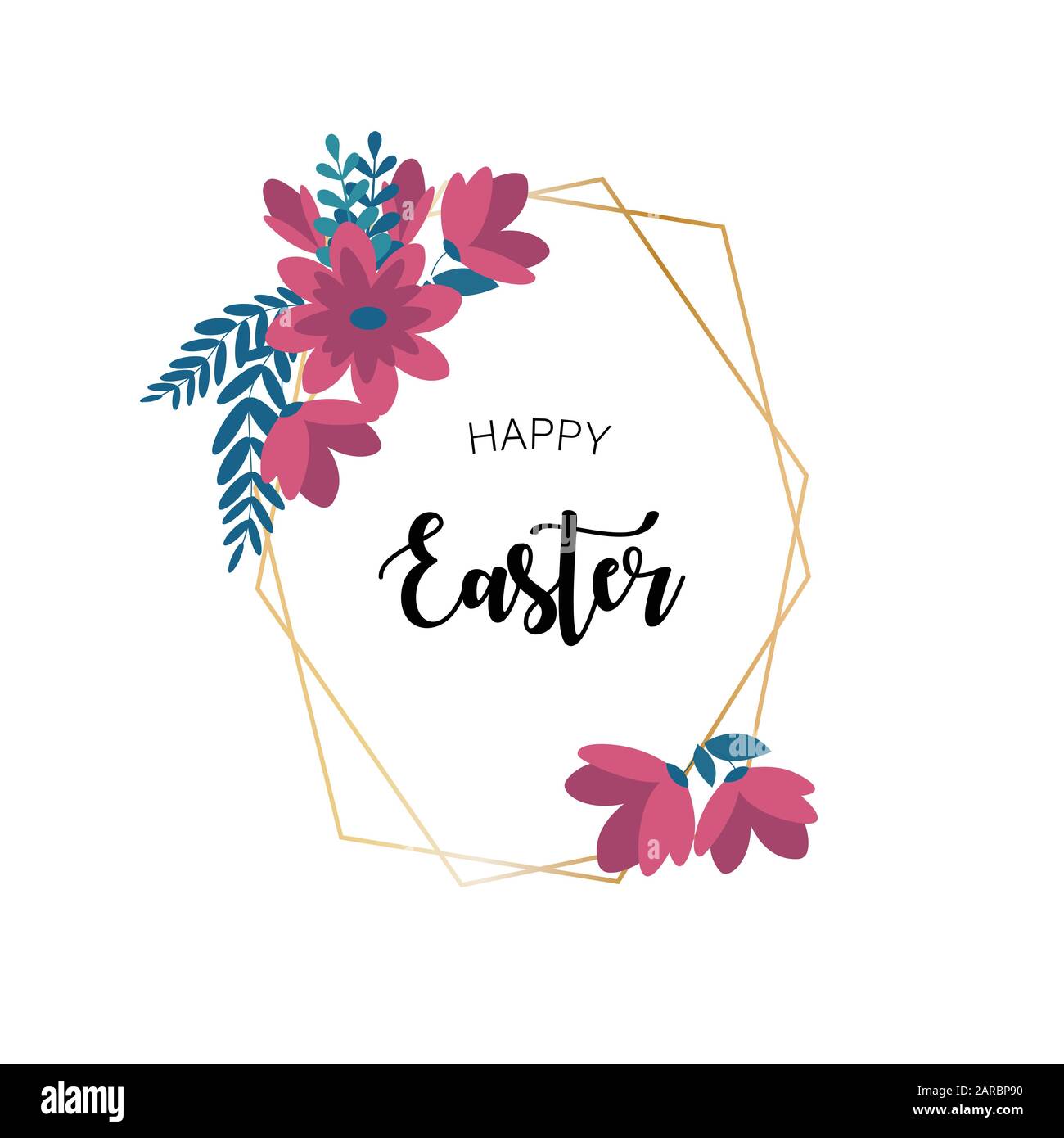 Happy Easter Floral Golden Frame Greeting Poster Card Banner Stock