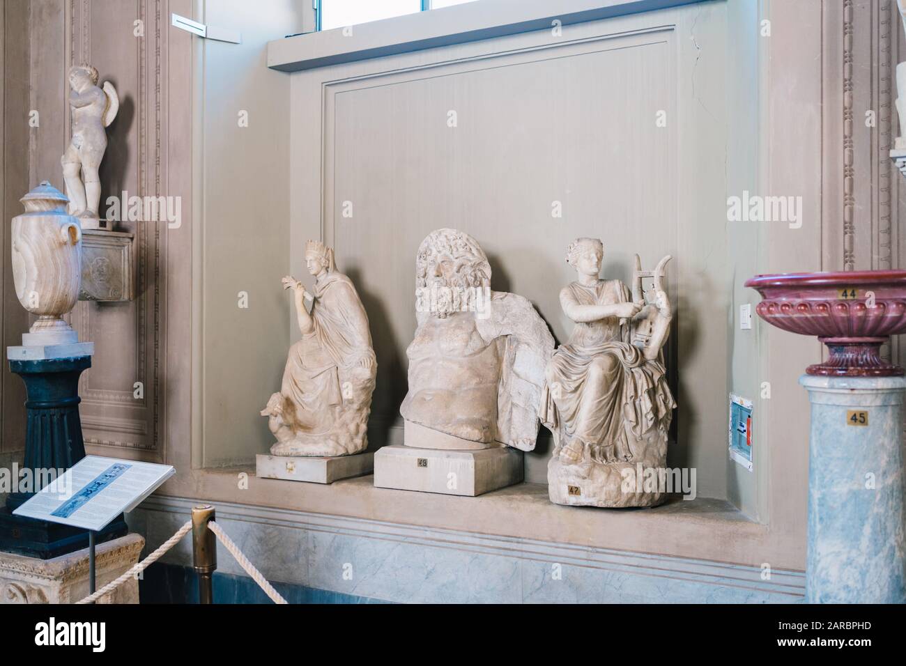 Rome, Italy - Jan 3, 2020: Inside the Vatican Museum. Statues featuring marble busts and ancient sculptures. Stock Photo