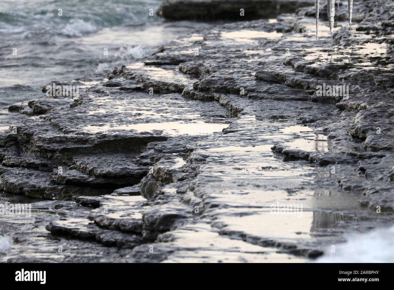 Icy shoreline on Amherst Island Stock Photo