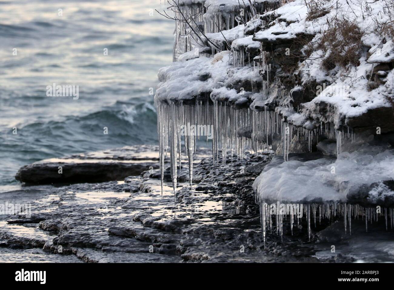 Icy shoreline on Amherst Island Stock Photo