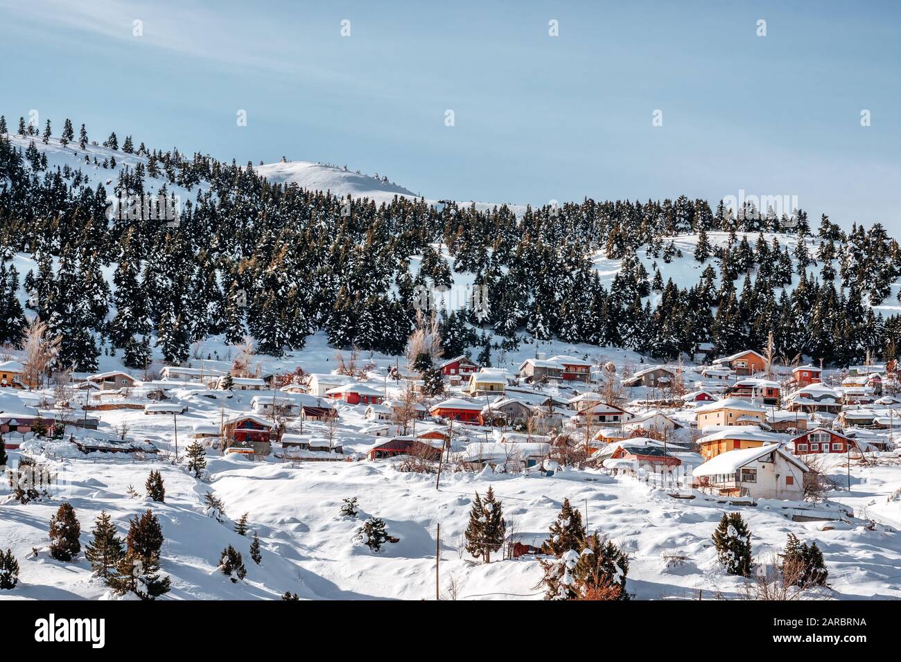 Houses covered with snow in a small village in Taurus mountains in ...