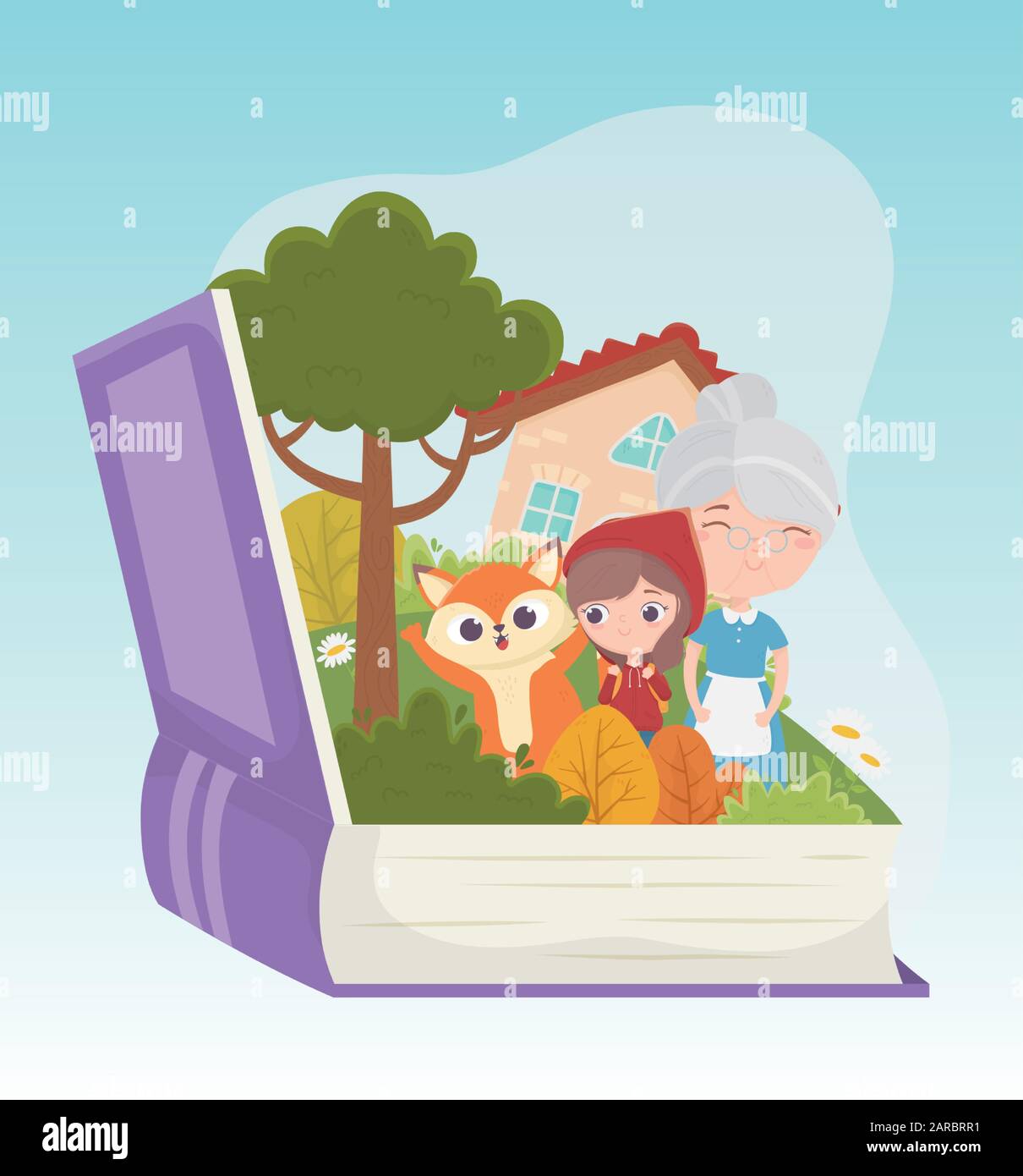 little red riding hood grandma wolf house forest book fairy tale cartoon vector illustration Stock Vector