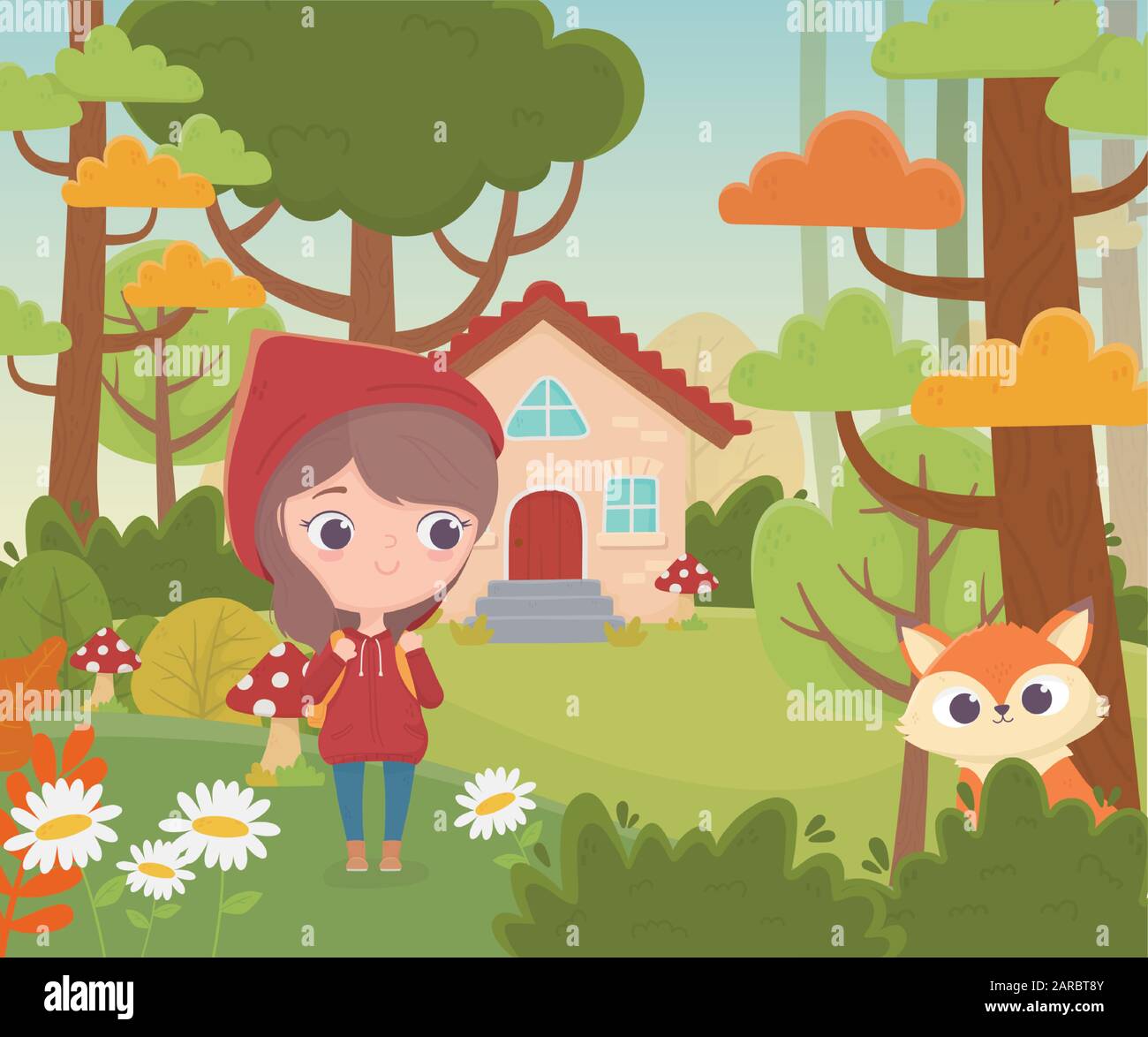 Little Red Riding Hood And Wolf House Forest Vegetation Fairy Tale Cartoon Vector Illustration Stock Vector Image Art Alamy