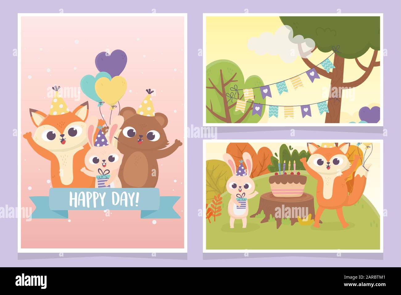 Cute Animals With Party Hats Cake Balloons Forest Nature