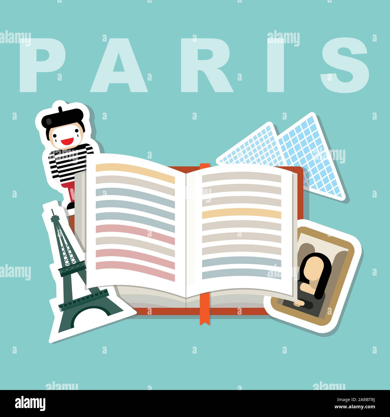 Illustration of a book with Paris famous attributes, Eiffel tower, Mona Lisa paint, the Louvre, meme face Stock Vector
