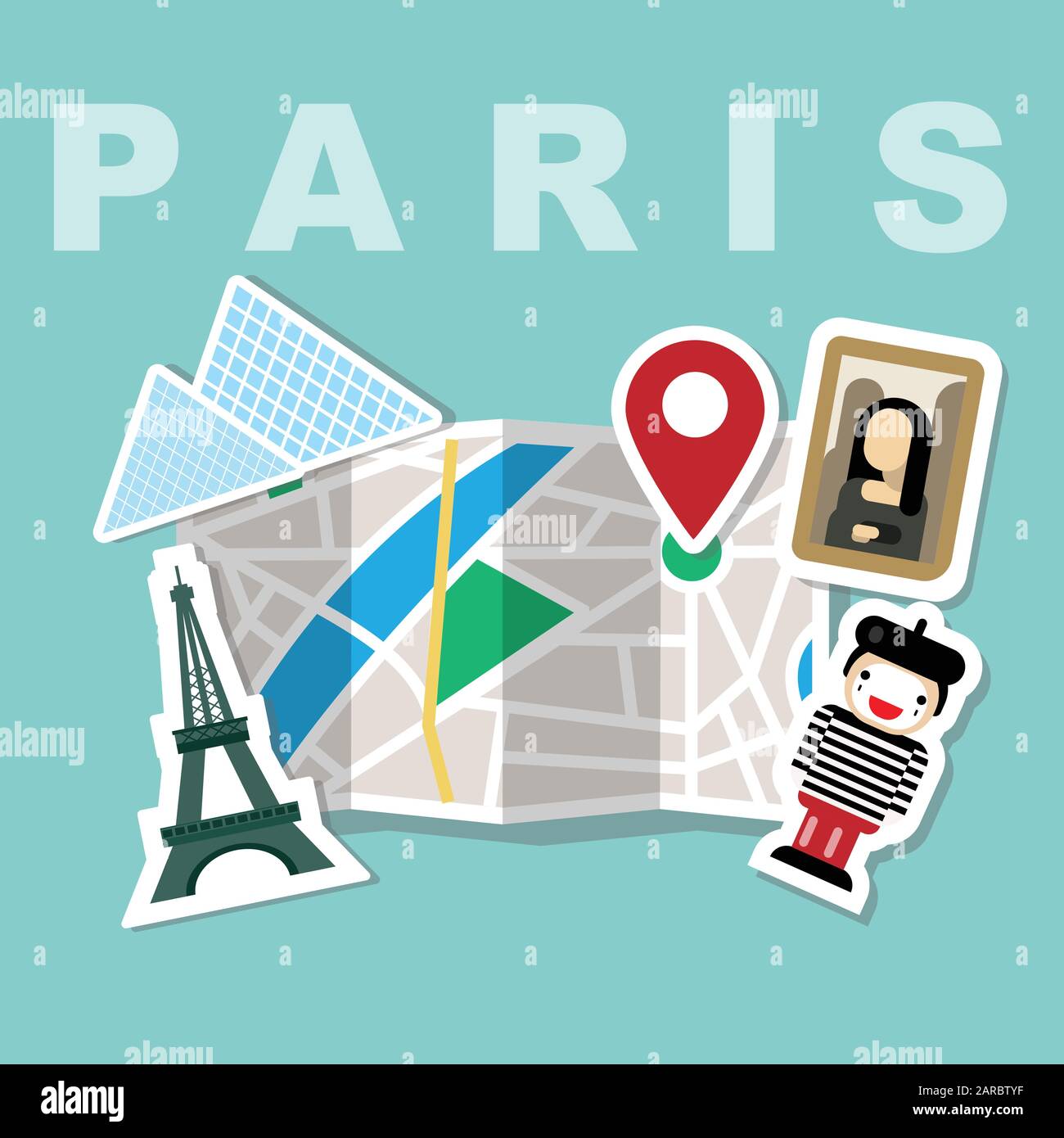 Illustration of a map with Paris famous attributes, Eiffel tower, Mona Lisa paint, the Louvre, meme face Stock Vector