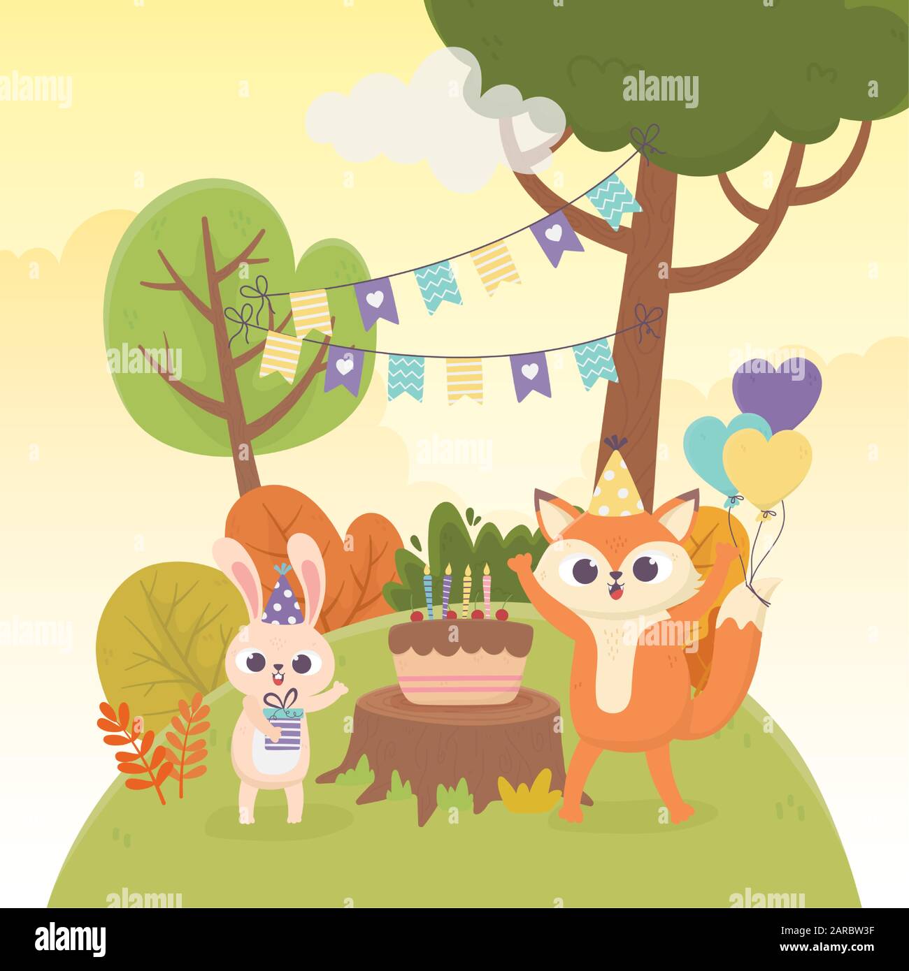 cute rabbit fox party hats cake balloons decoration celebration happy ...