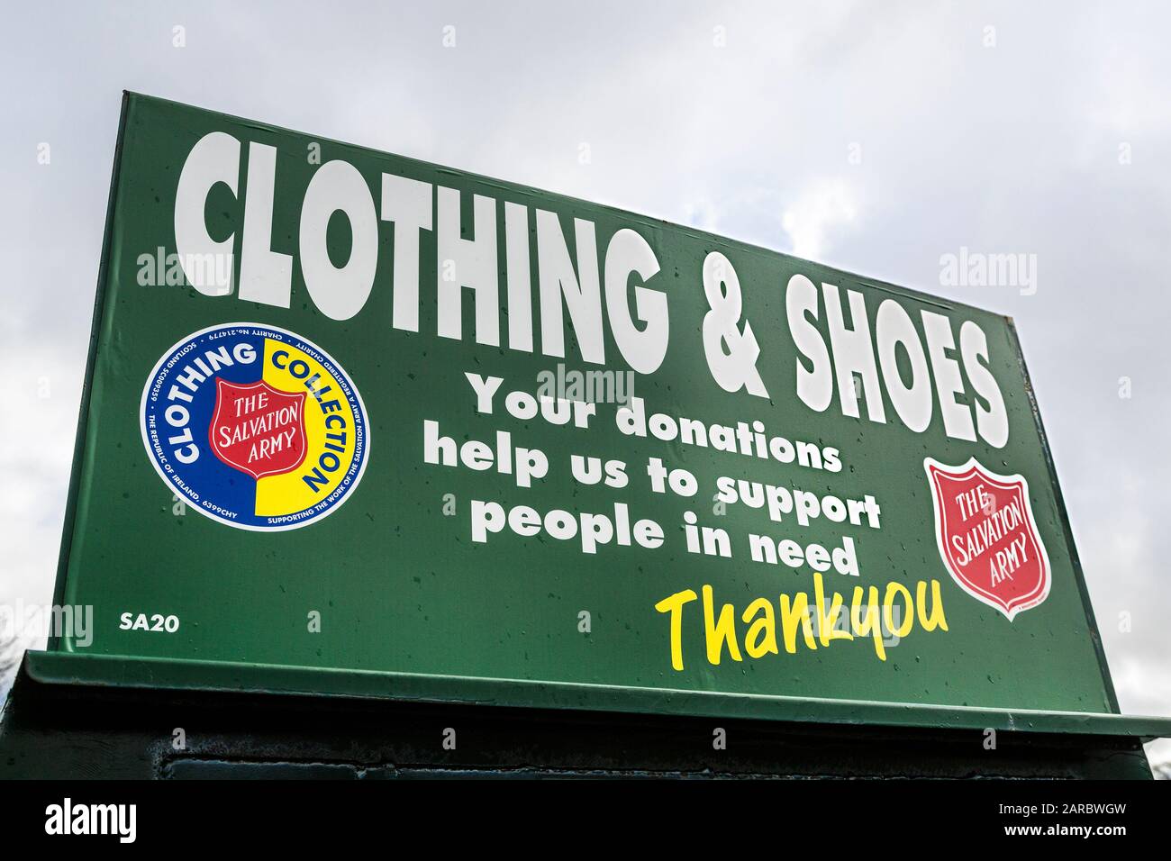 Salvation Army recycling sign, recycling centre in car park, Eyam, UK Stock Photo