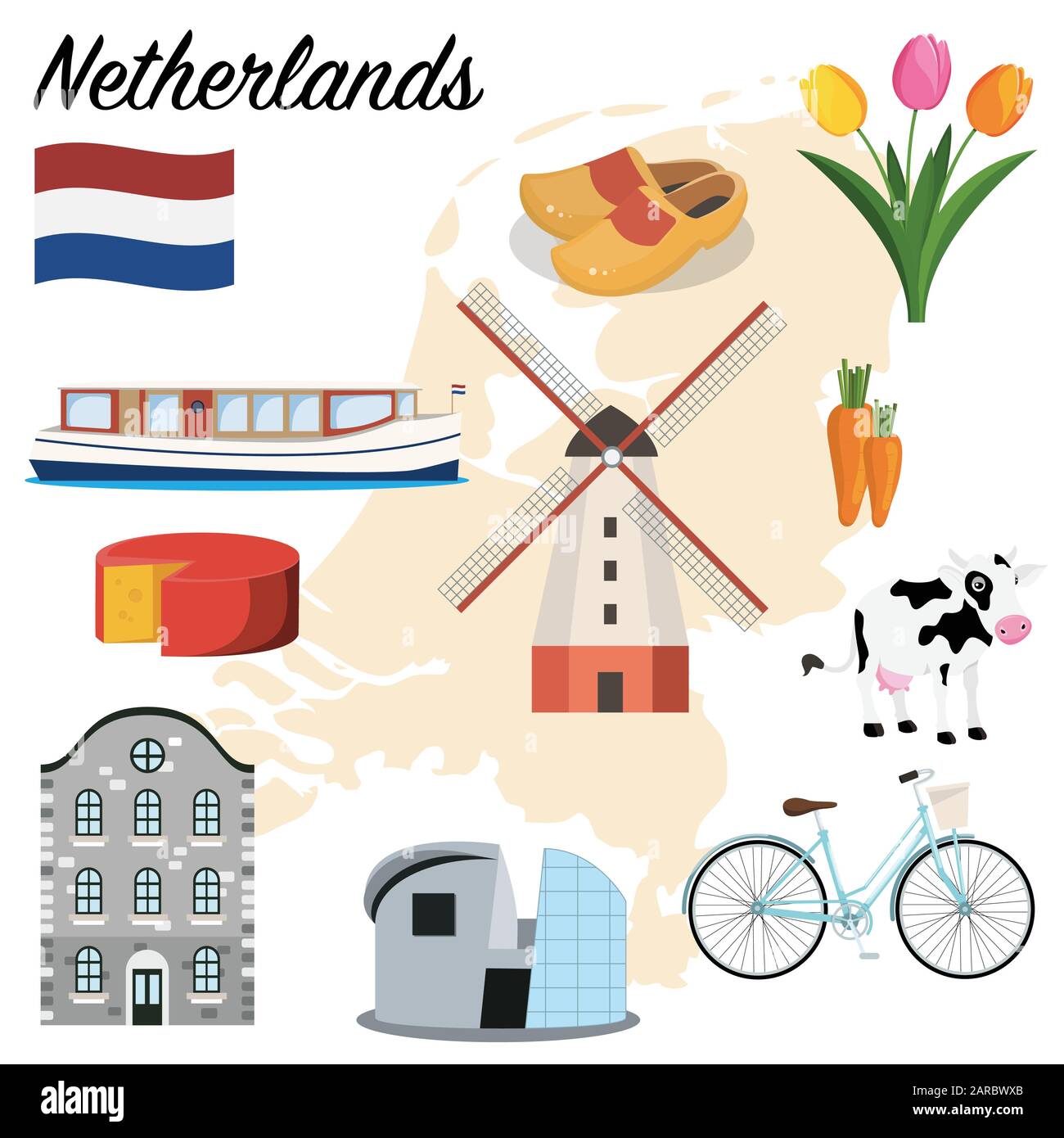 Netherlands set. Canal boat, cheese, windmill, clogs, tulips, bicycle and museum. cartoon vector illustration Stock Vector