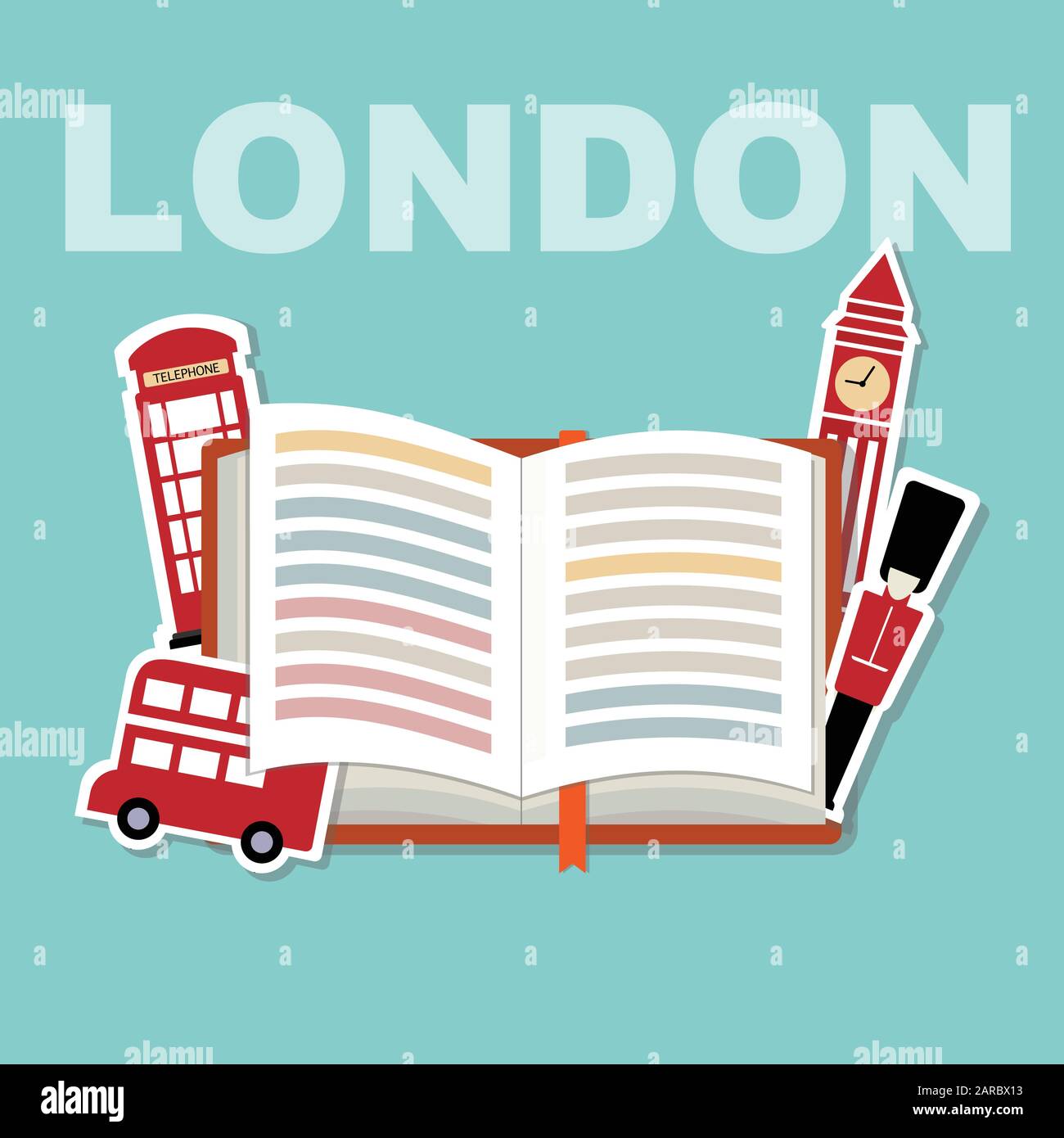 Illustration of history book with London famous attributes Stock Vector