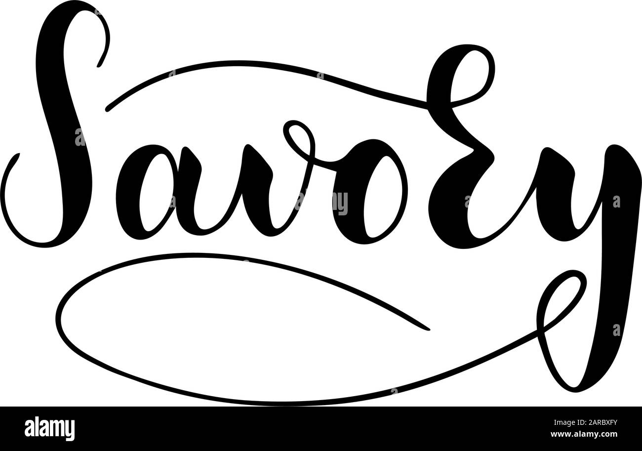 Vector hand written savory text isolated on white background. Kitchen