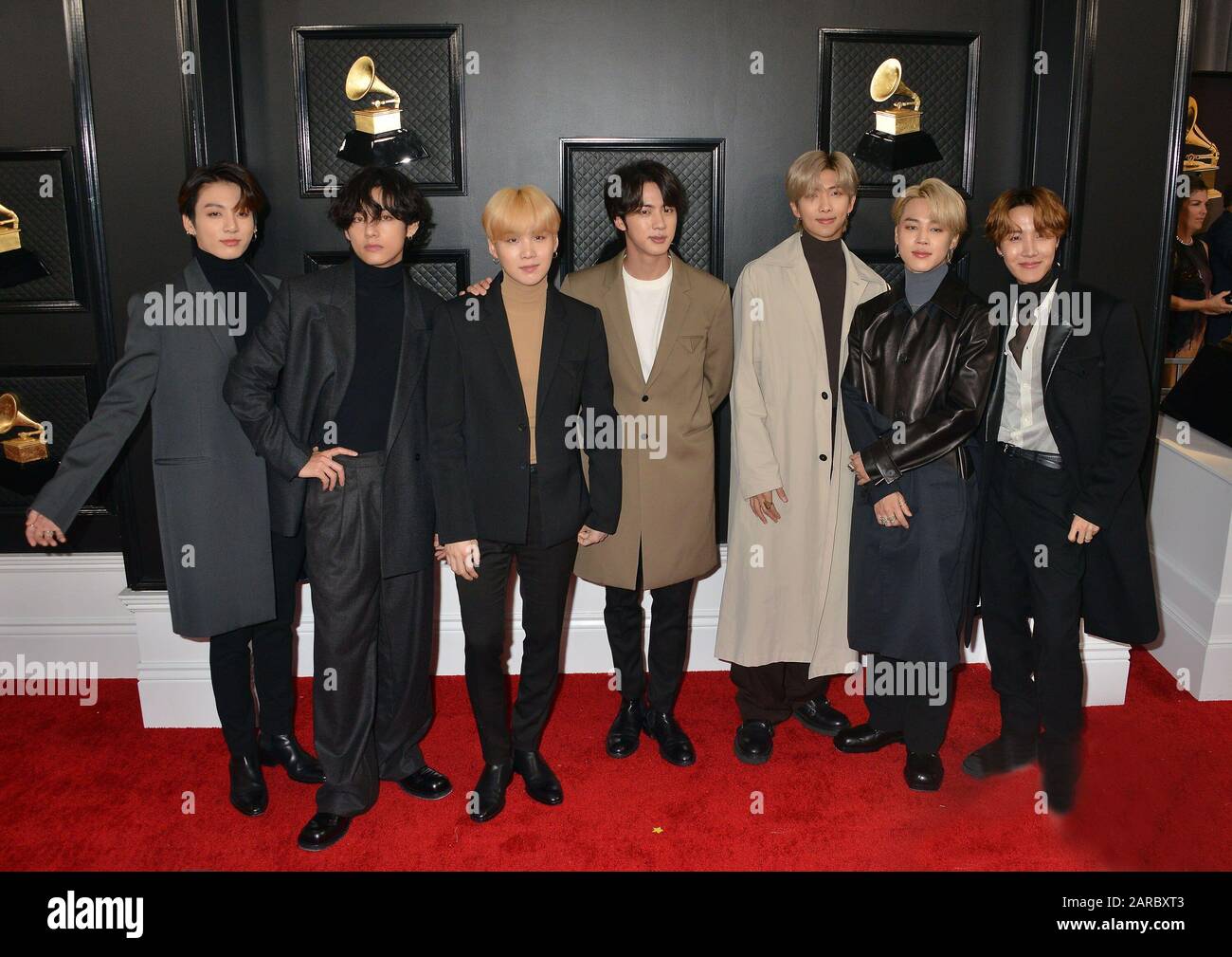 Los Angeles, CA. 26th Jan, 2020. RM, V, Suga, Jin, Jimin, Jungkook, J-Hope, of music group BTS 107 at arrivals for 62nd Annual Grammy Awards - Arrivals 2, STAPLES Center, Los Angeles, CA January 26, 2020. Credit: Tsuni/Everett Collection/Alamy Live News Stock Photo