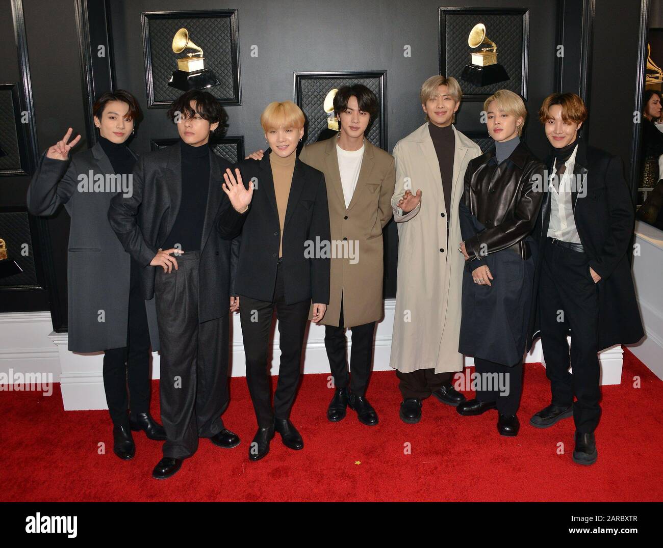 Los Angeles, CA. 26th Jan, 2020. RM, V, Suga, Jin, Jimin, Jungkook, J-Hope, of music group BTS 107 at arrivals for 62nd Annual Grammy Awards - Arrivals 2, STAPLES Center, Los Angeles, CA January 26, 2020. Credit: Tsuni/Everett Collection/Alamy Live News Stock Photo