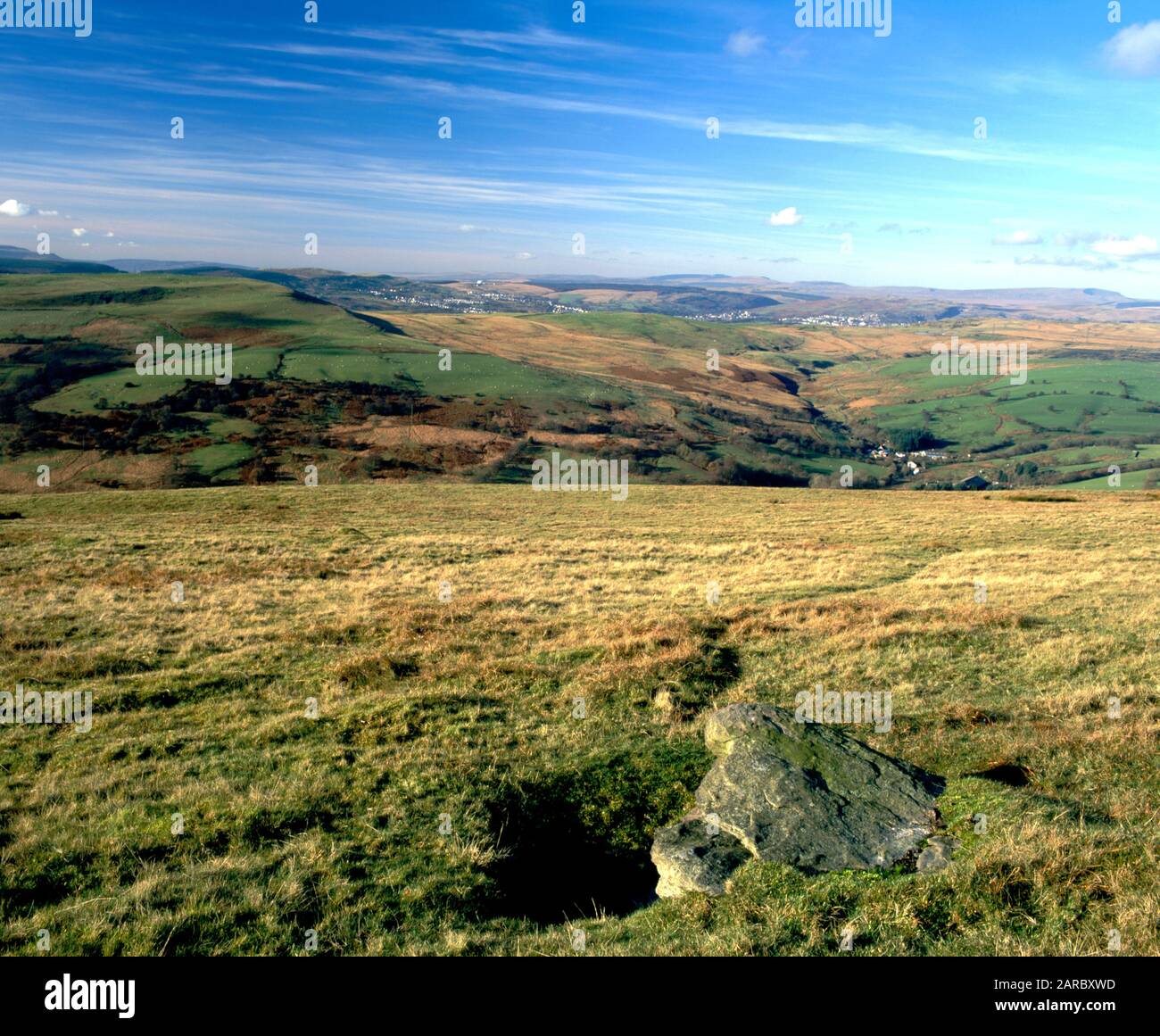 View looking across the Heads of the Valleys towards the Brecon Beacons from Pen Garnbugail, Gelligaer Common near Merthyr Tydfil South Wales Stock Photo
