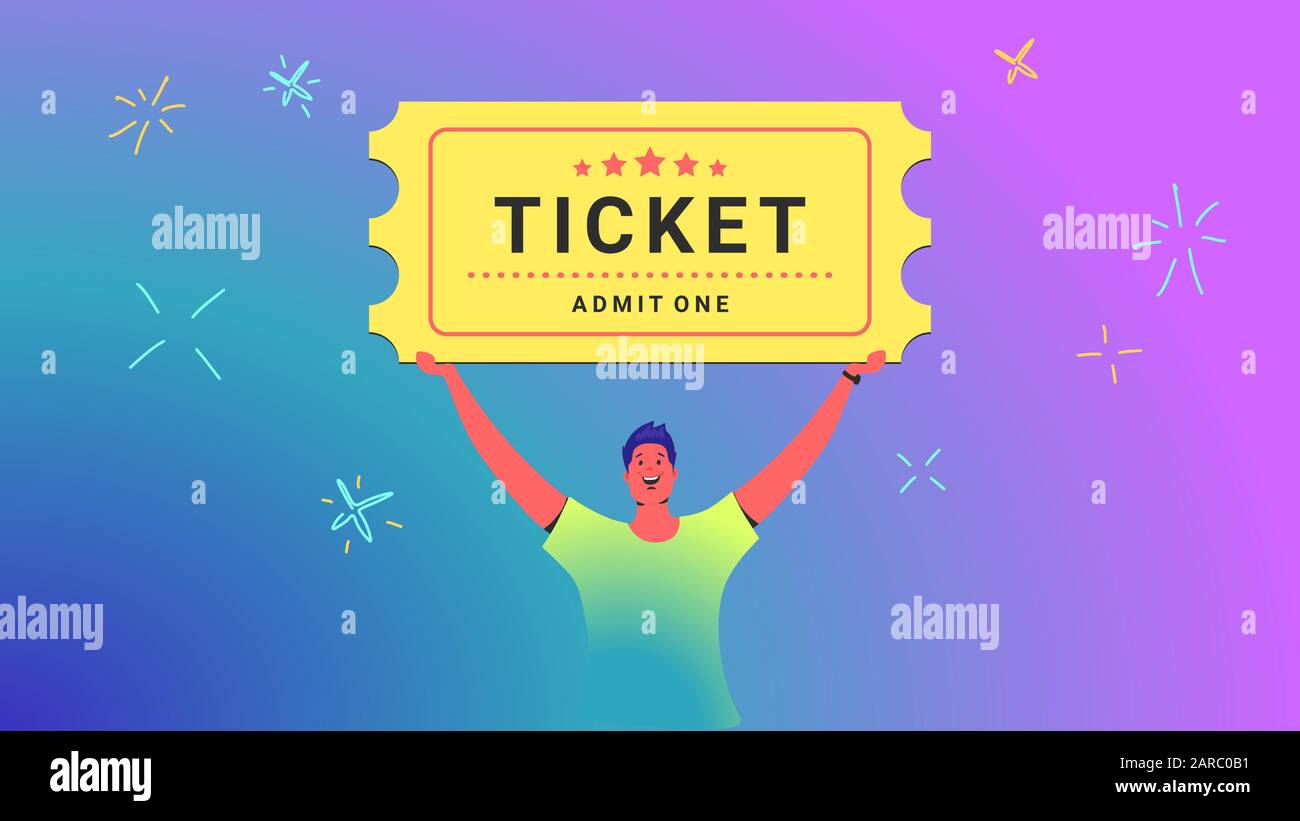 One ticket admission concept vector illustration of young man holds over his head big ticket for movie or other event as a winner. Happy bright people Stock Vector