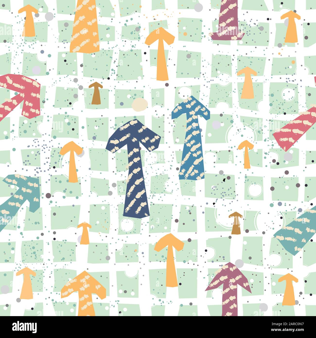 Cute seamless pattern with arrows pointing up. Repeating pattern on dotted messy background. Vector Illustration Stock Vector