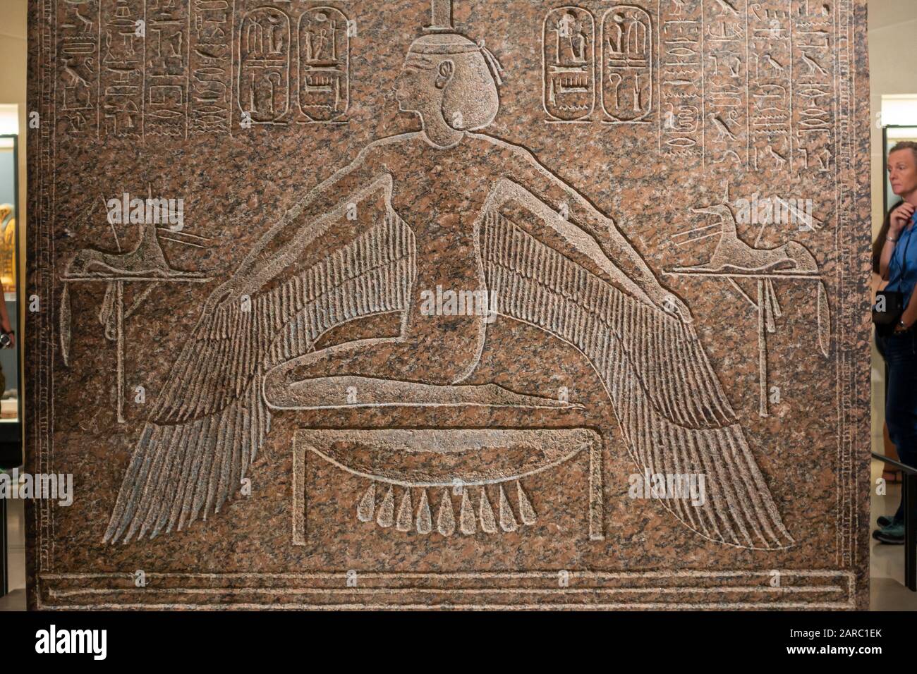 Goddess Isis detail from the red granite sarcophagus of Ramesses III in the Sully Wing of the Louvre Museum (Musée du Louvre) in Paris, France Stock Photo