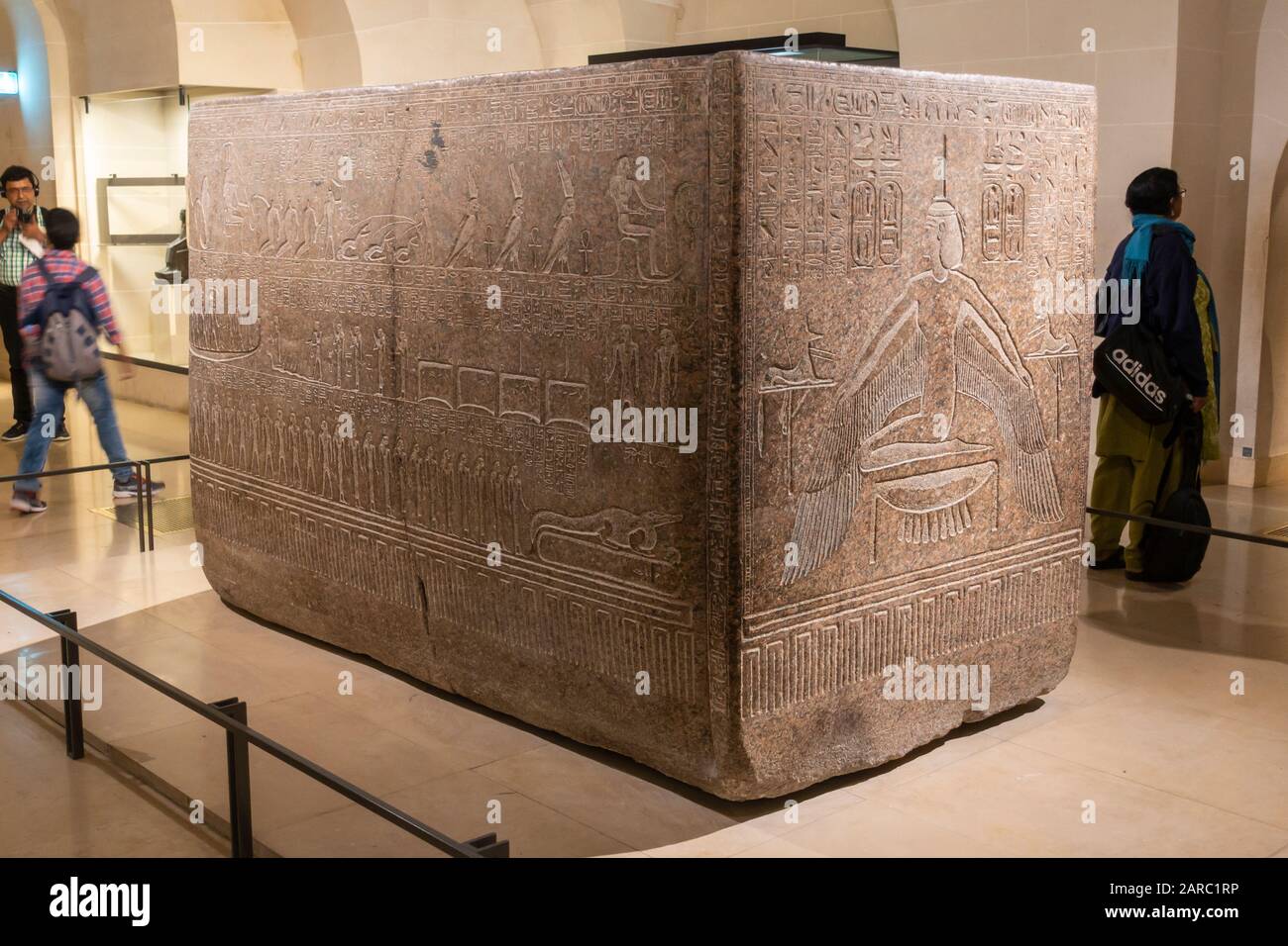 Red granite sarcophagus of Ramesses III in the Sully Wing of the Louvre Museum (Musée du Louvre) in Paris, France Stock Photo