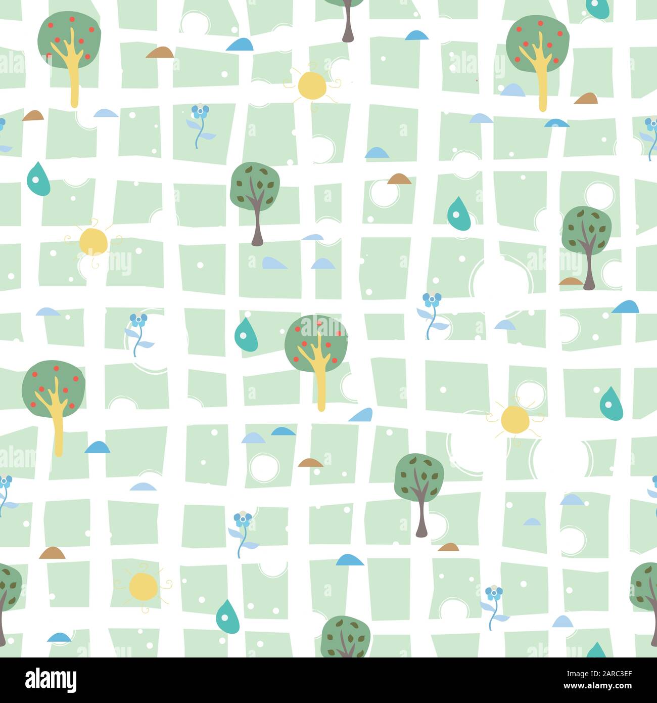Simple Summer Seamless Pattern with trees, sun, drops of rain, flowers ...