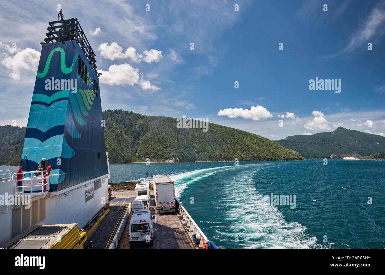 Interislander ferry, MS Kaitaki, in Queen Charlotte Sound, Marlborough Sounds, near Picton, Marlborough Region, South Island, New Zealand Stock Photo