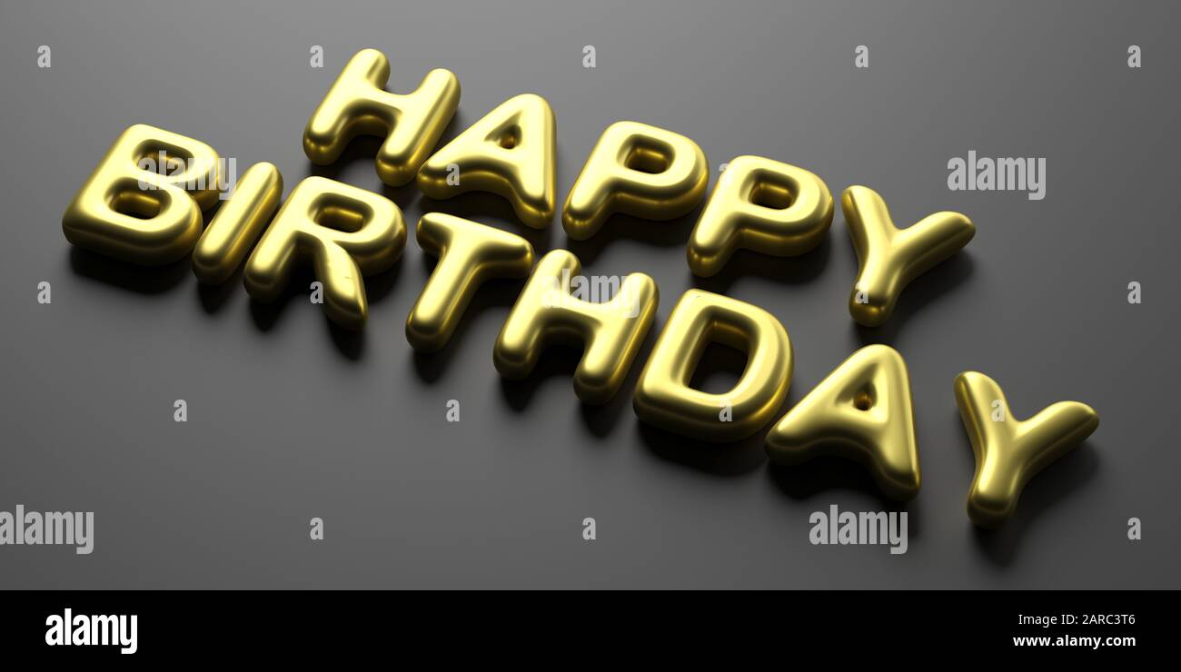 Happy birthday wishes. Balloon letters gold color text on black background.  3d illustration Stock Photo - Alamy
