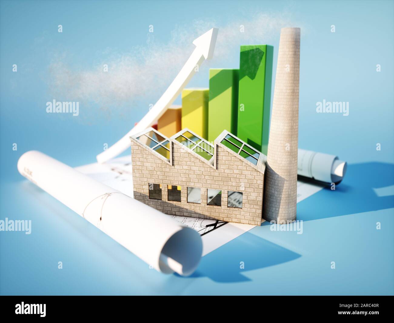 Industry growth concept - factory with blueprint and graph Stock Photo