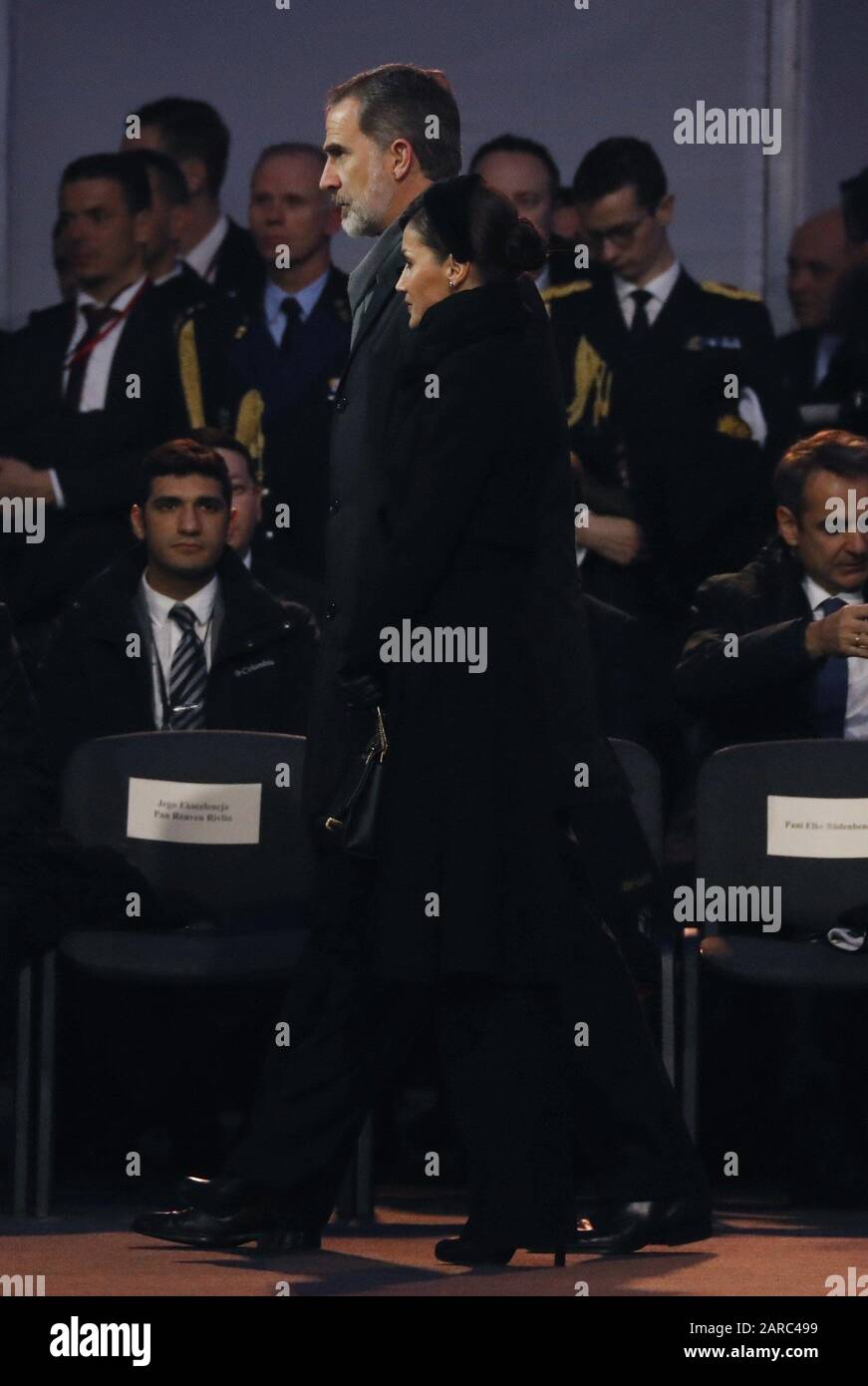 Oswiecim, Poland. 27th Jan, 2020. Spain's Queen Letizia (R) and King Felipe VI (L) attend the main commemoration ceremony at former Auschwitz II-Birkenau camp during ceremonies marking the 75th anniversary of the liberation of the former Nazi-German concentration and extermination camp KL Auschwitz-Birkenau, in Oswiecim, Poland, 27 January 2020. Credit: EFE News Agency/Alamy Live News Stock Photo