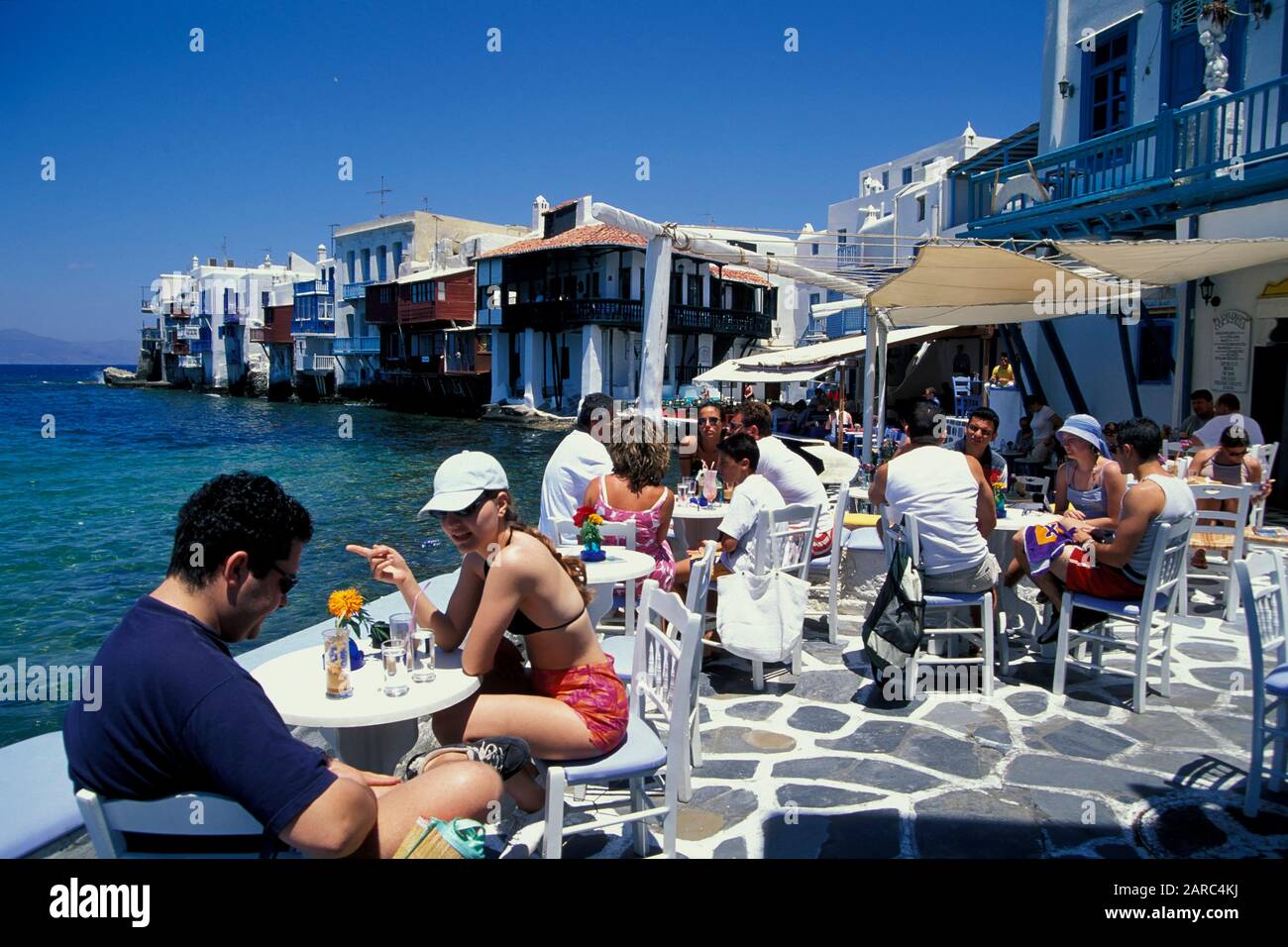 Little Venice quarter, tourists, Mykonos town, Mykonos, Greece, Europe Stock Photo