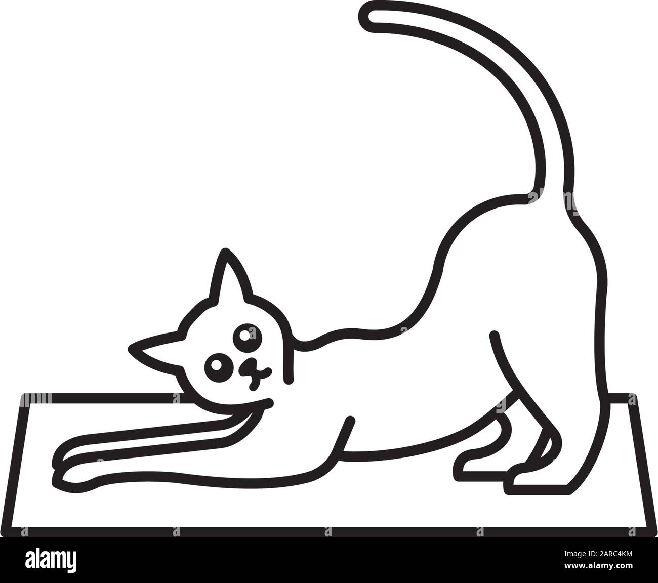 Cat doing yoga, stretching, vector line icon. Exercising pet symbol. Stock Vector