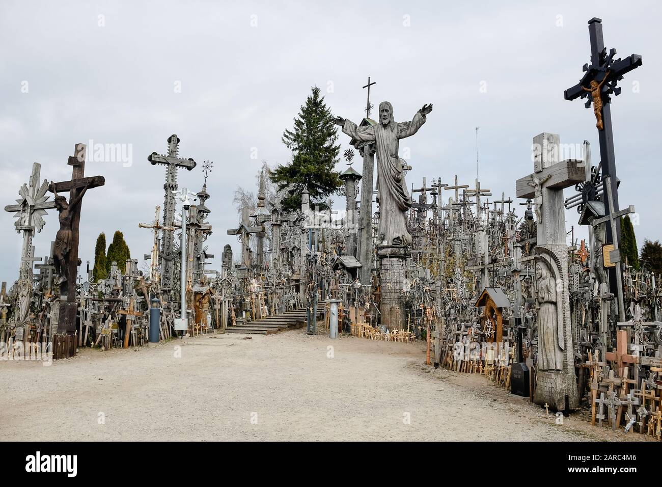 Wide angle view of the entrance to the Hill of Crosses in Lithuania Stock Photo