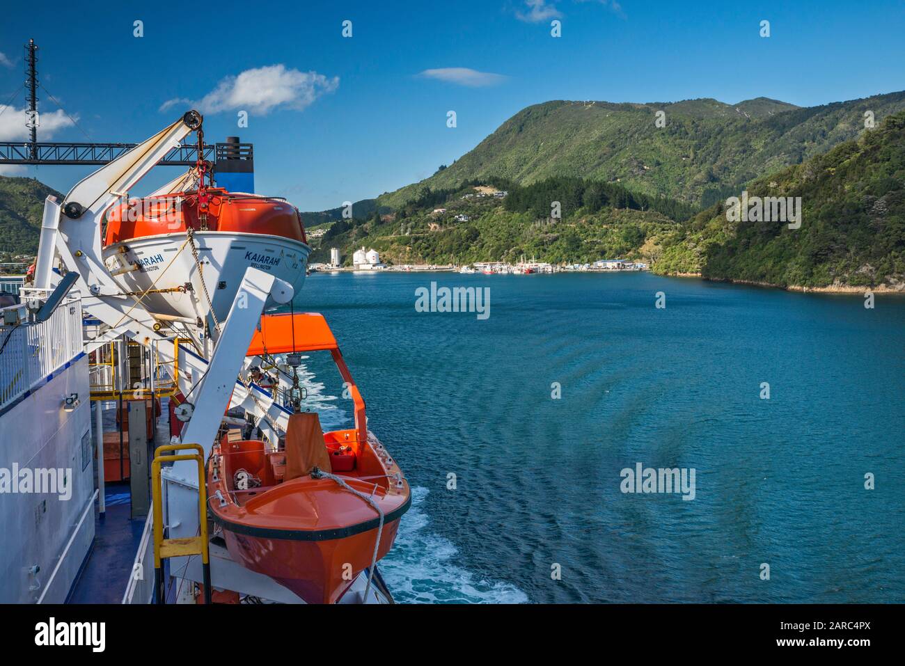 Lifeboats at Interislander ferry, MS Kaiarahi, leaving Picton, in Queen Charlotte Sound