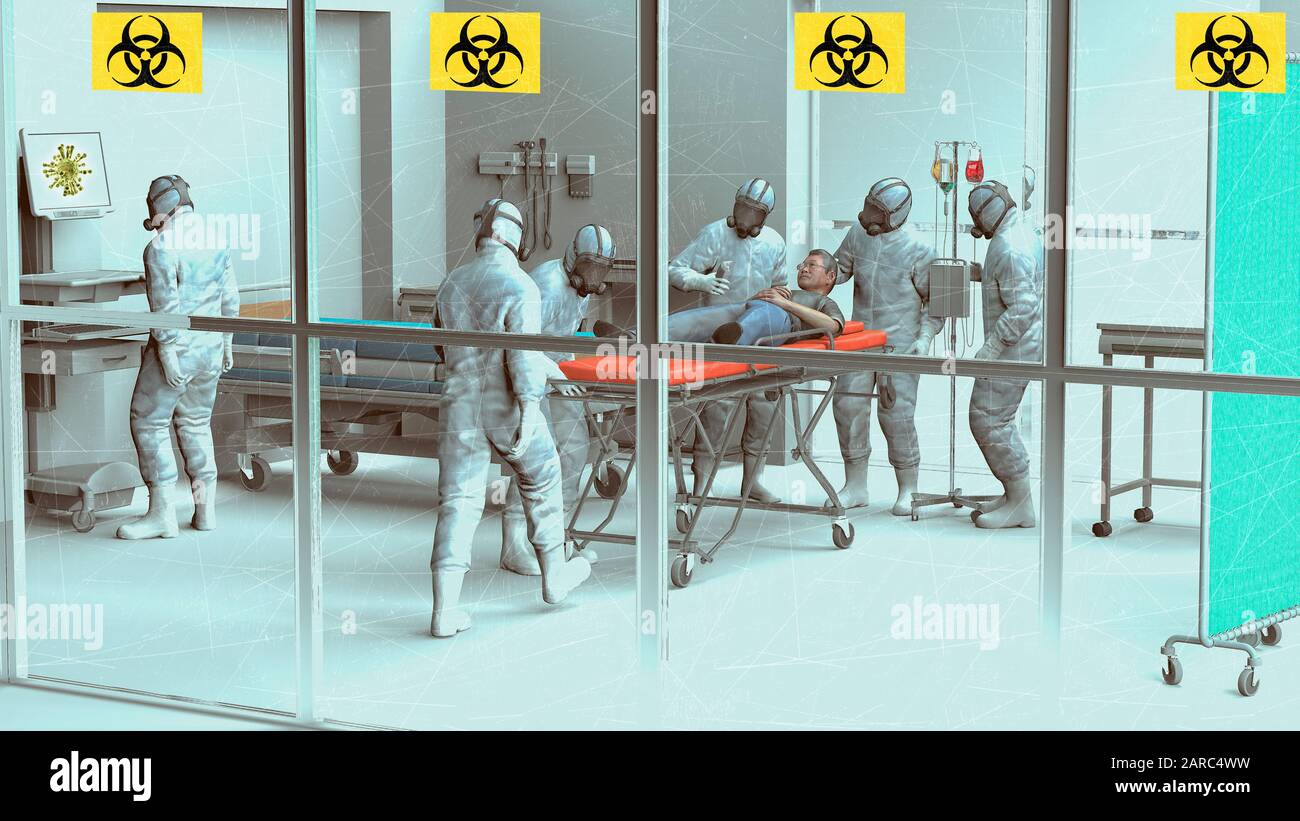 Hospital scene, hospitalization for emergency contagion risk. Coronavirus. Doctors in protective suits and masks to cover the face. Infectious Stock Photo