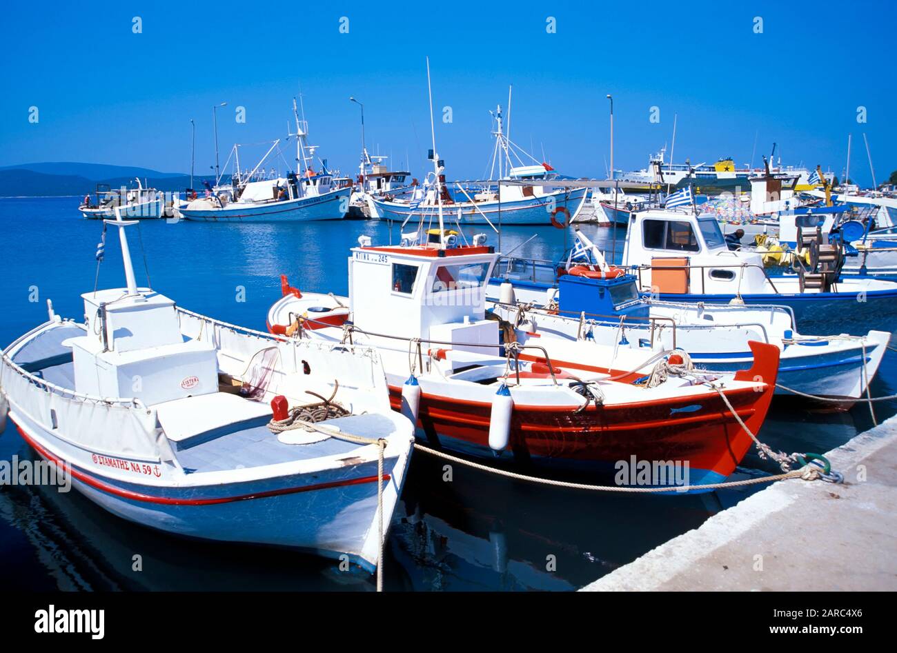fishing boats in Nea Stira harbour,  Euboea, Greece, Europe Stock Photo