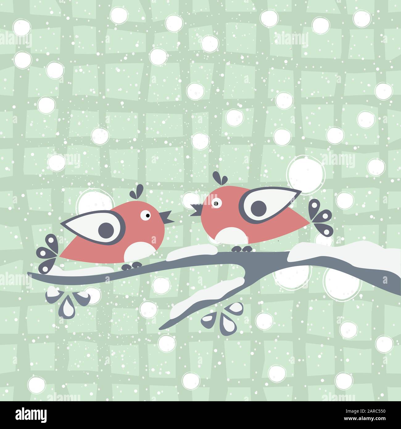 Cute Birds tweeting on a branch covered with snow. Falling Snow Background. Vector Illustration. Stock Vector